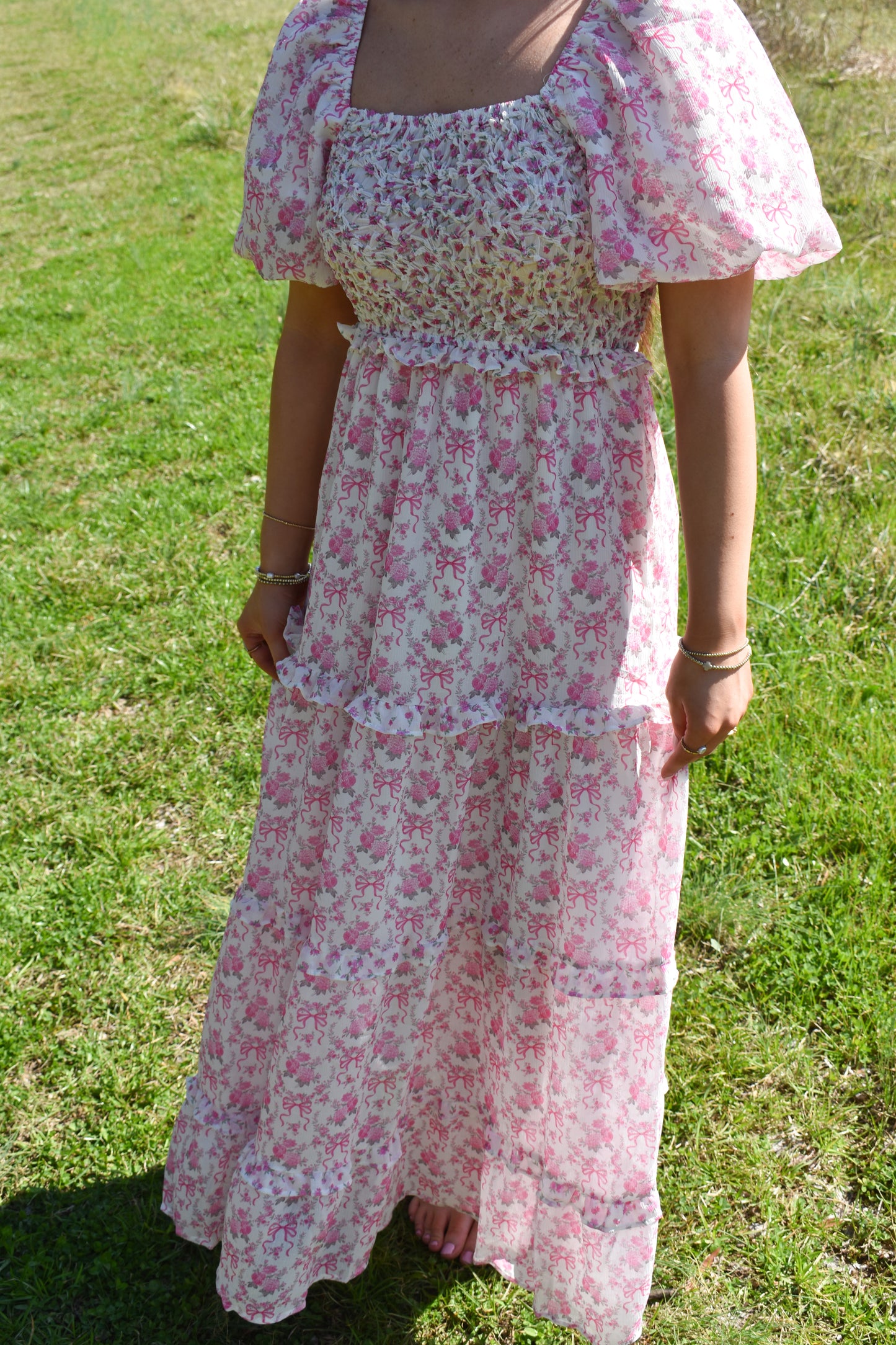 Bubble Floral Bow Maxi Dress