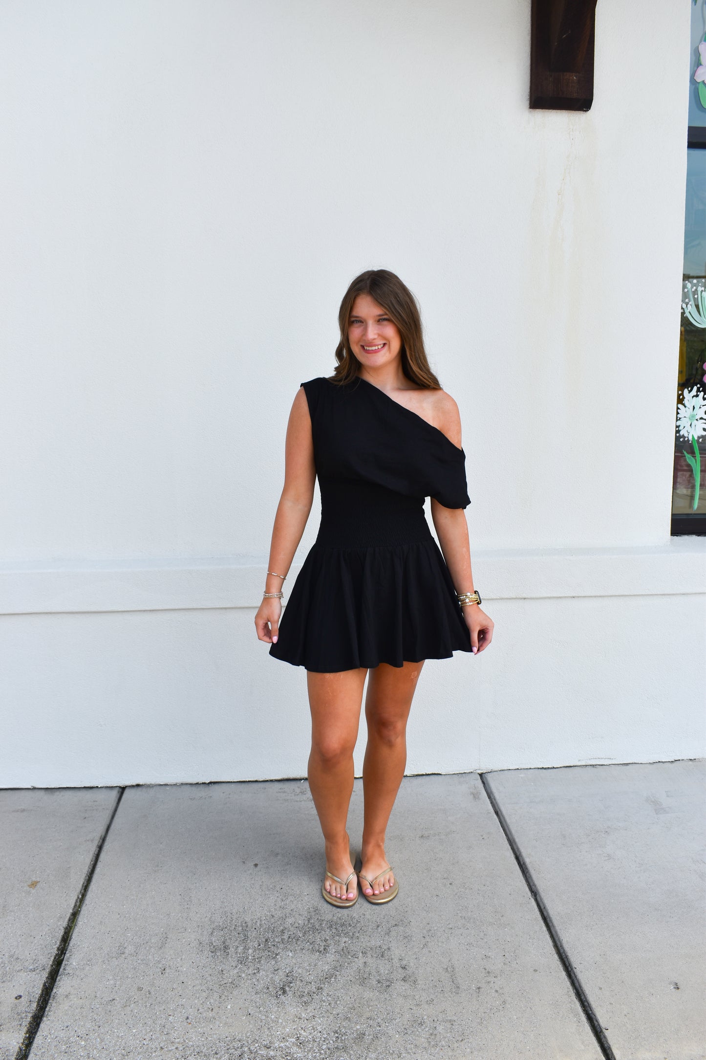 Off Shoulder Smocked Waist Dress: Black
