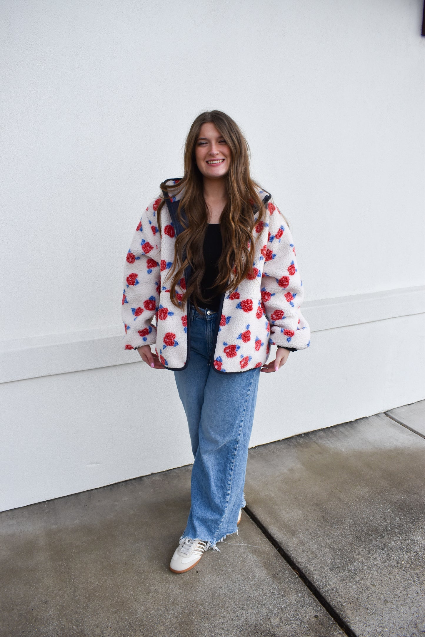 Cozy Oversized Rose Pattern Fleece Zip Up Jacket