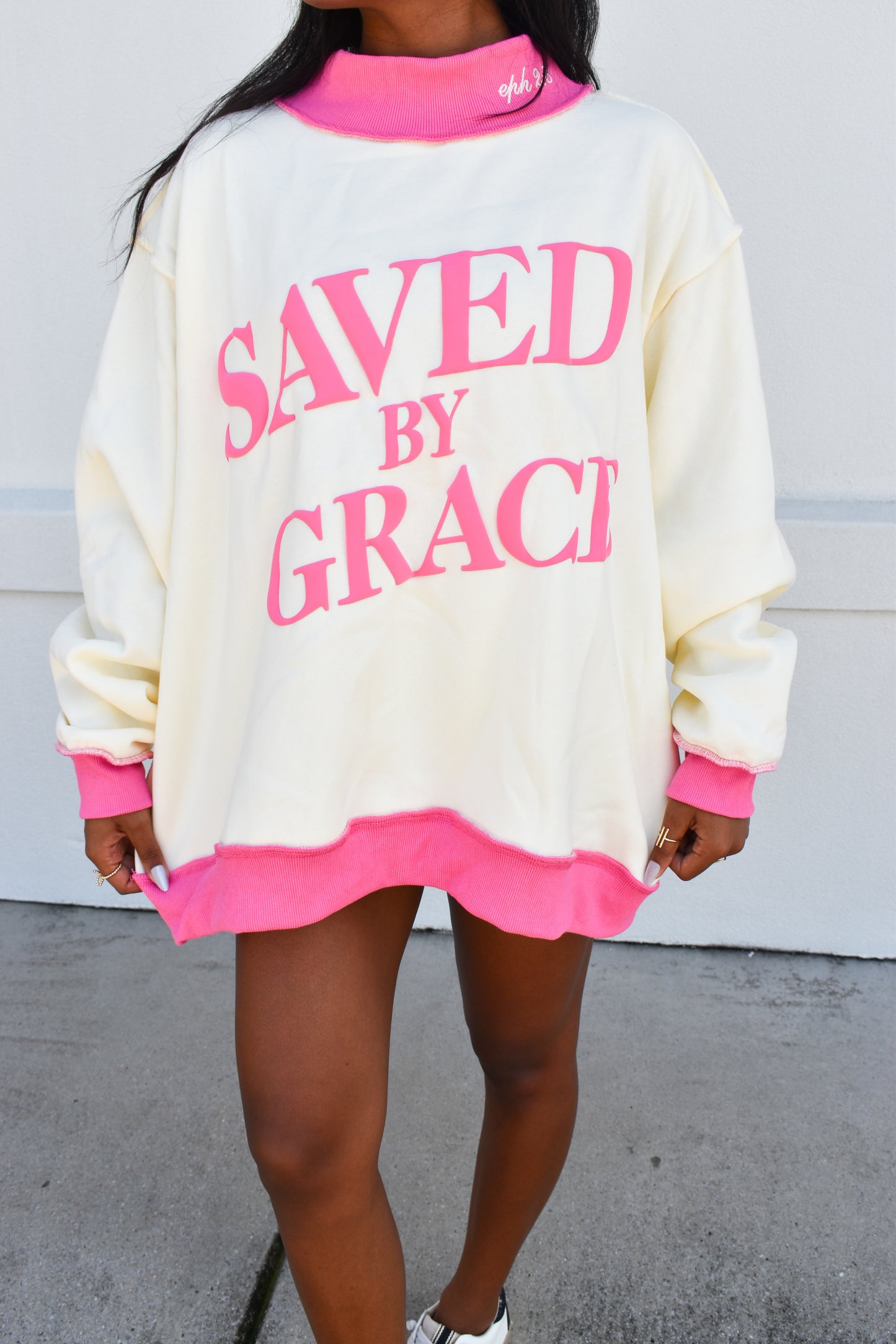 'SAVED BY GRACE' Puff Print Mockneck
