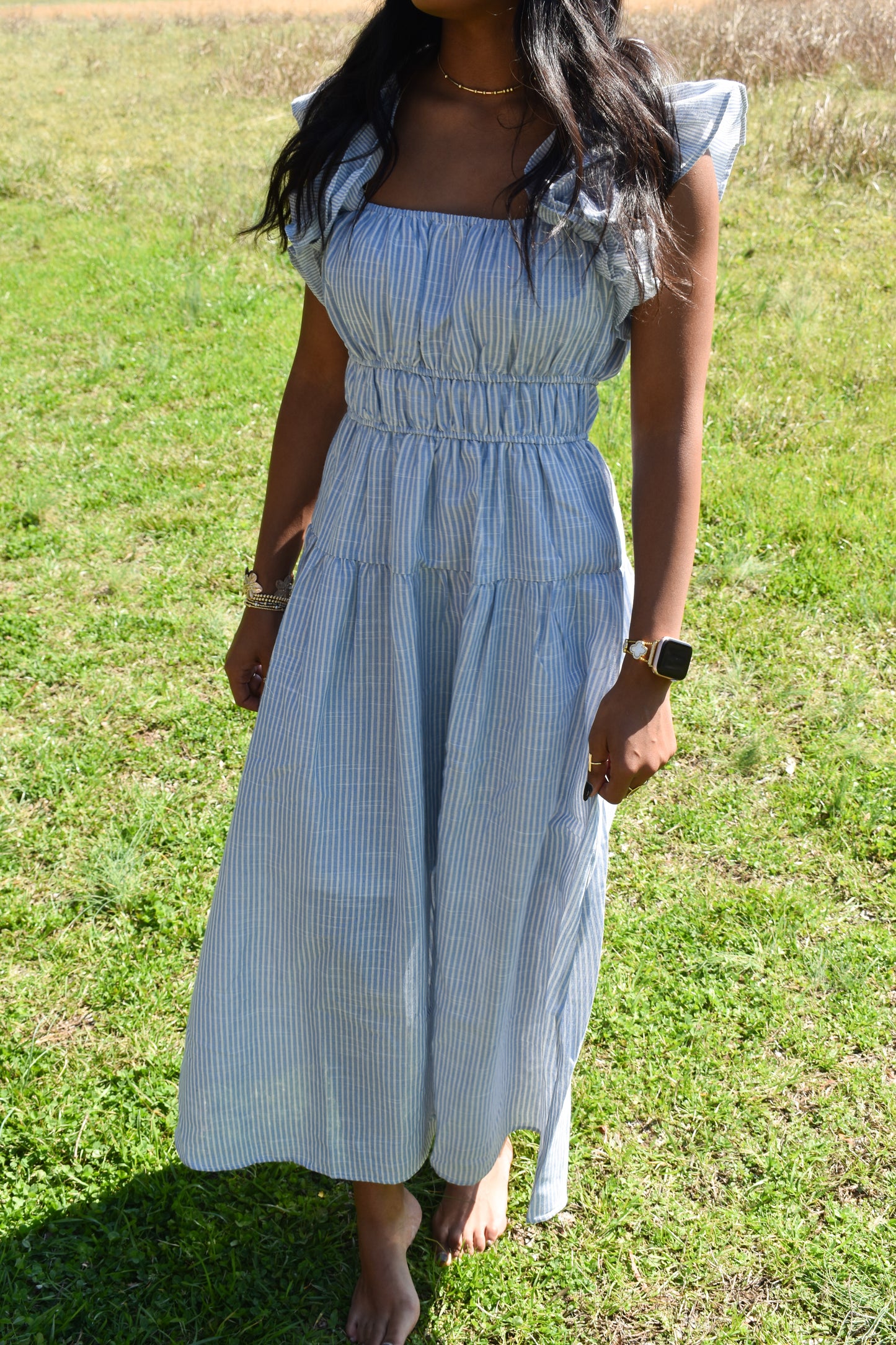 Shoulder Ruffle Stripe Midi Dress