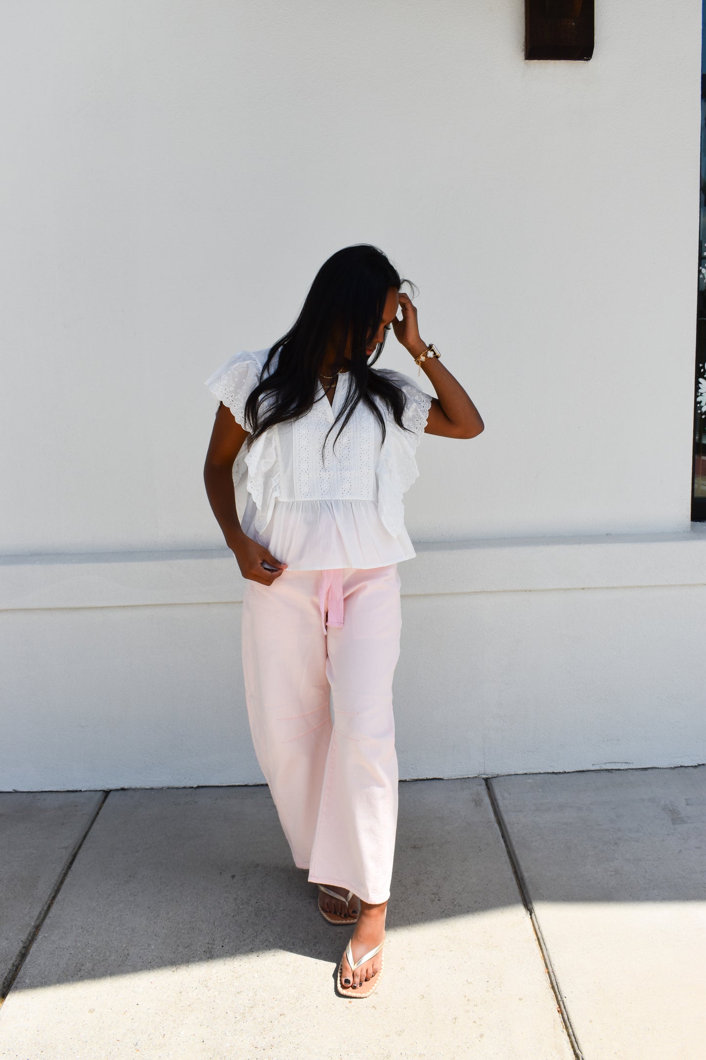 Pink Eyelet Thru Cotton Belt Barrel Jean