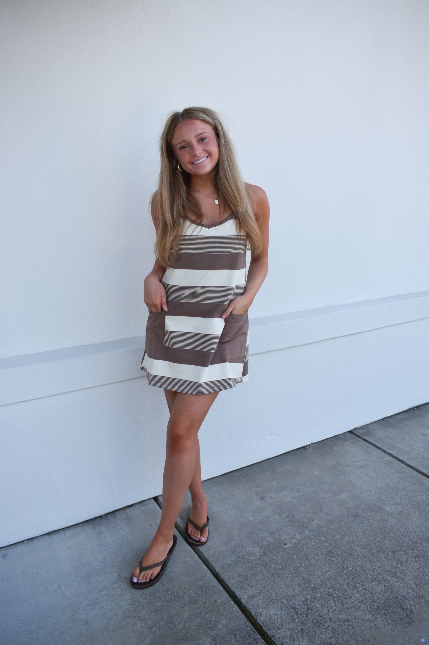 Stripe Mini Dress W/ Built In Romper Lining: Mocha