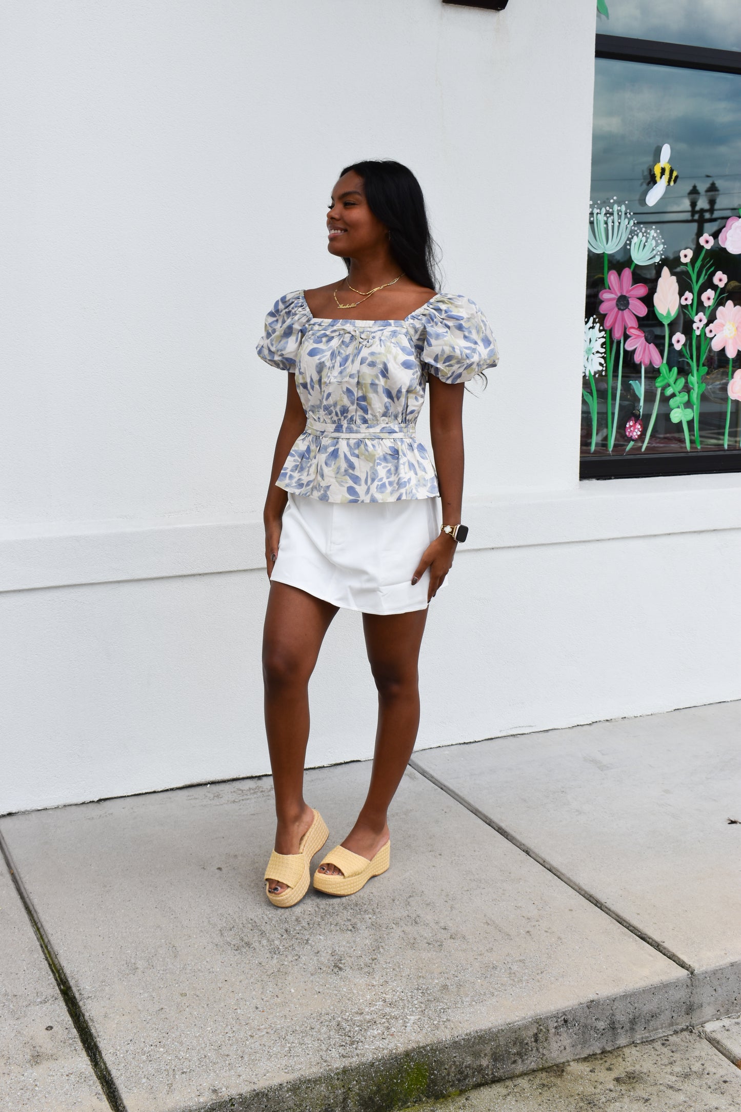 Soft Garden Leaf Print Bubble Sleeved Peplum Blouse