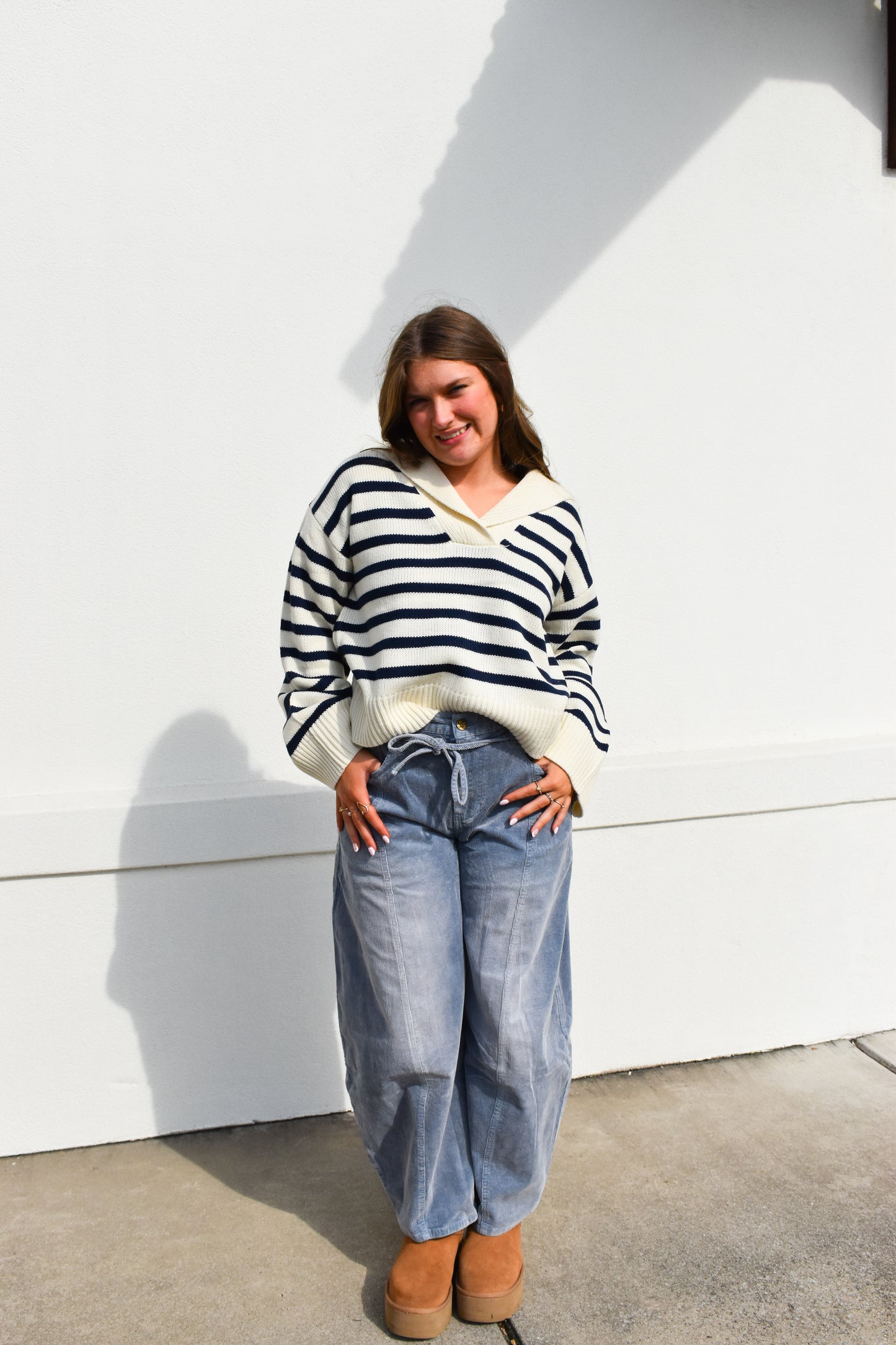 Cream/Navy Striped Collared Knit Sweater