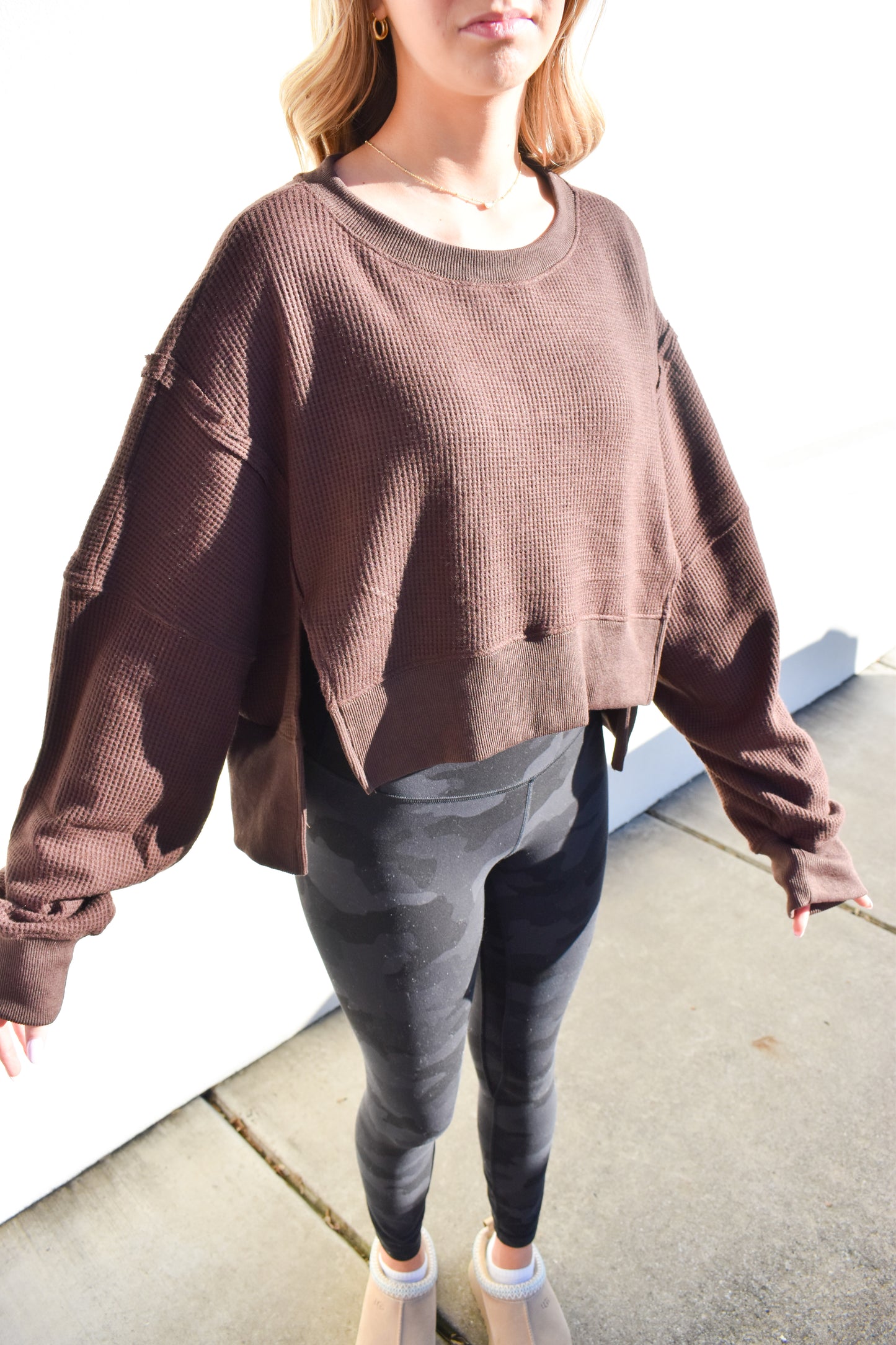 Waffle Knit Oversized Long Sleeve Top: Brown