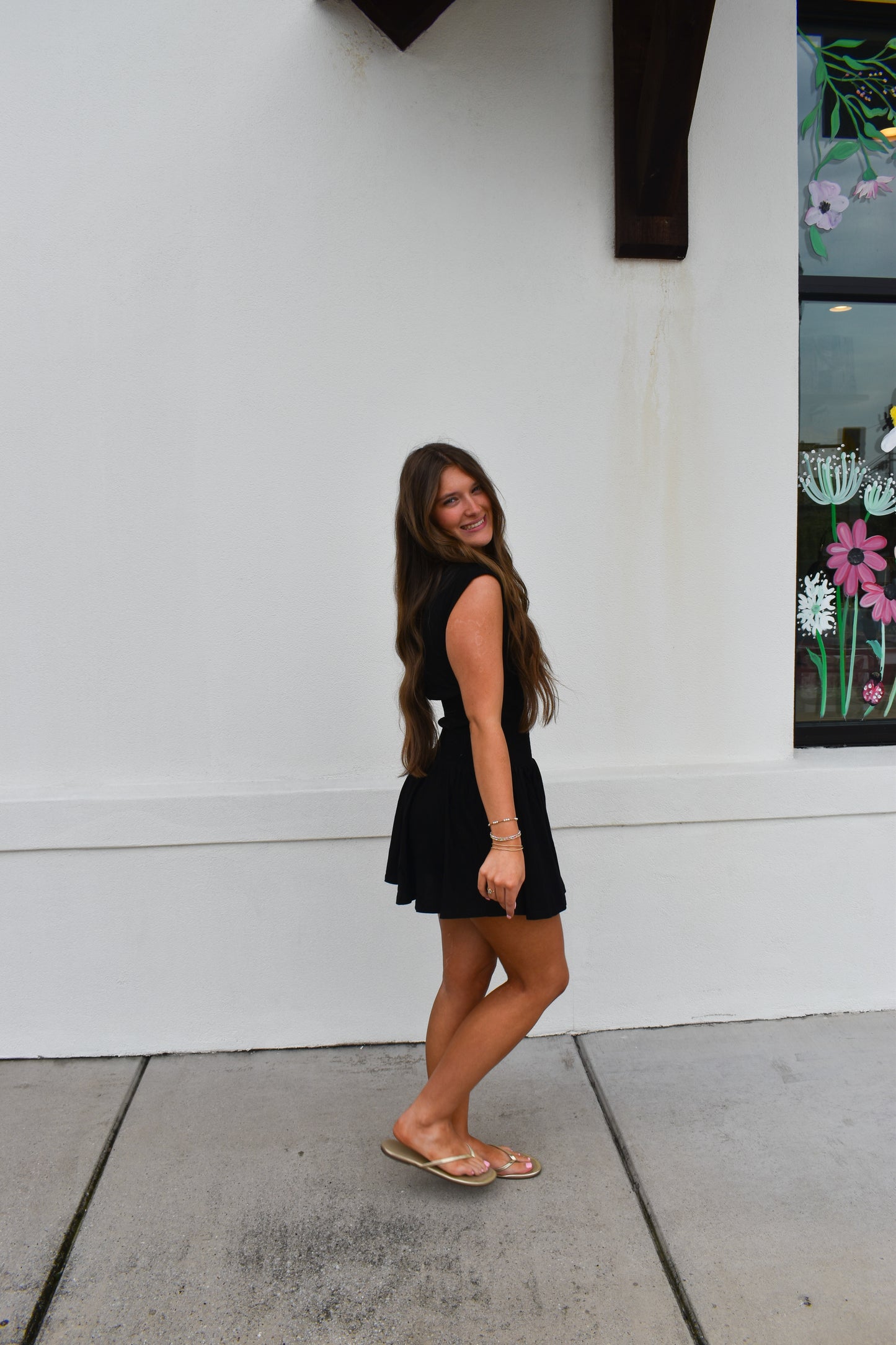 Off Shoulder Smocked Waist Dress: Black