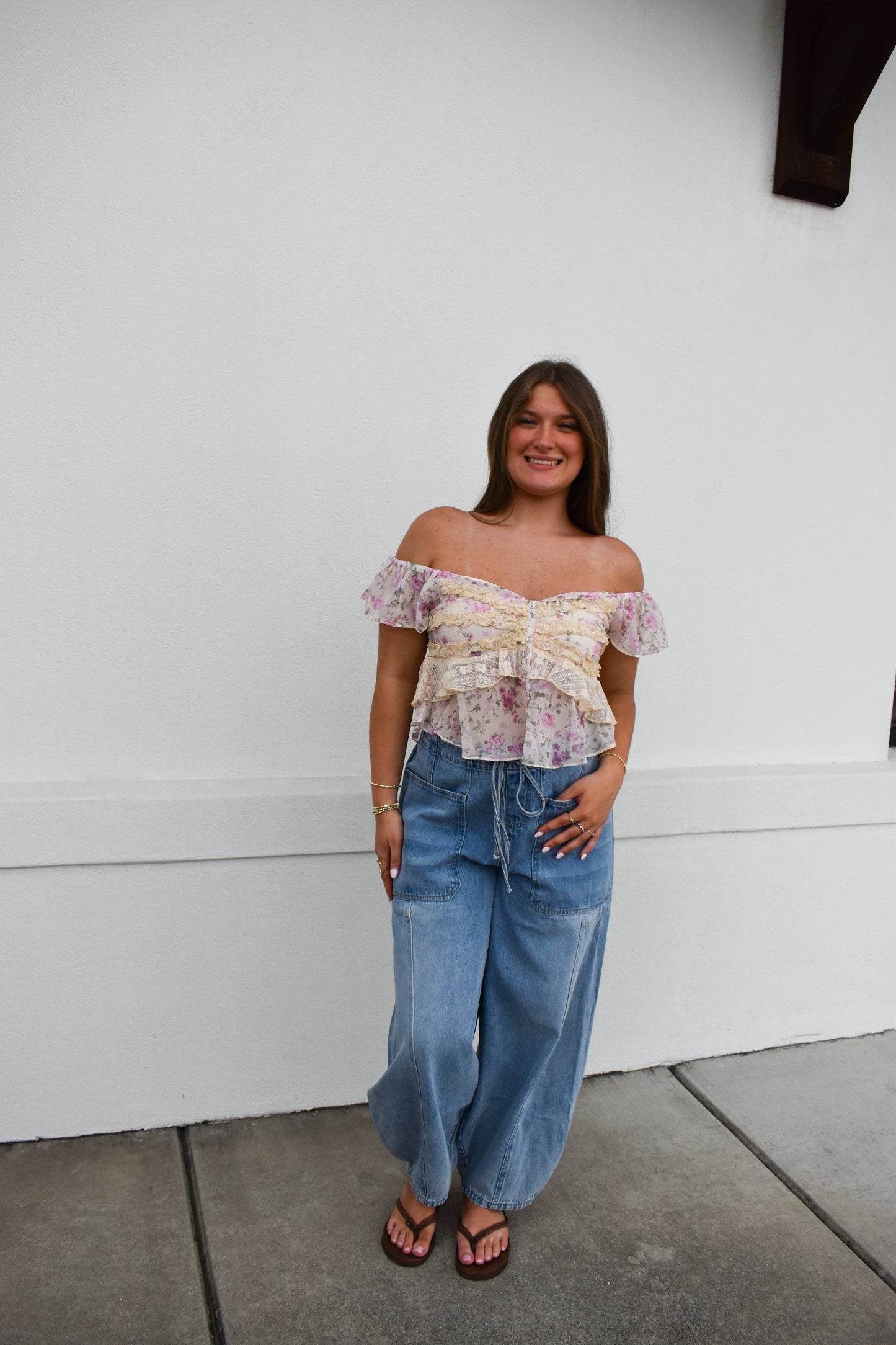 Floral Print Ruffle Lace Sweetheart Top