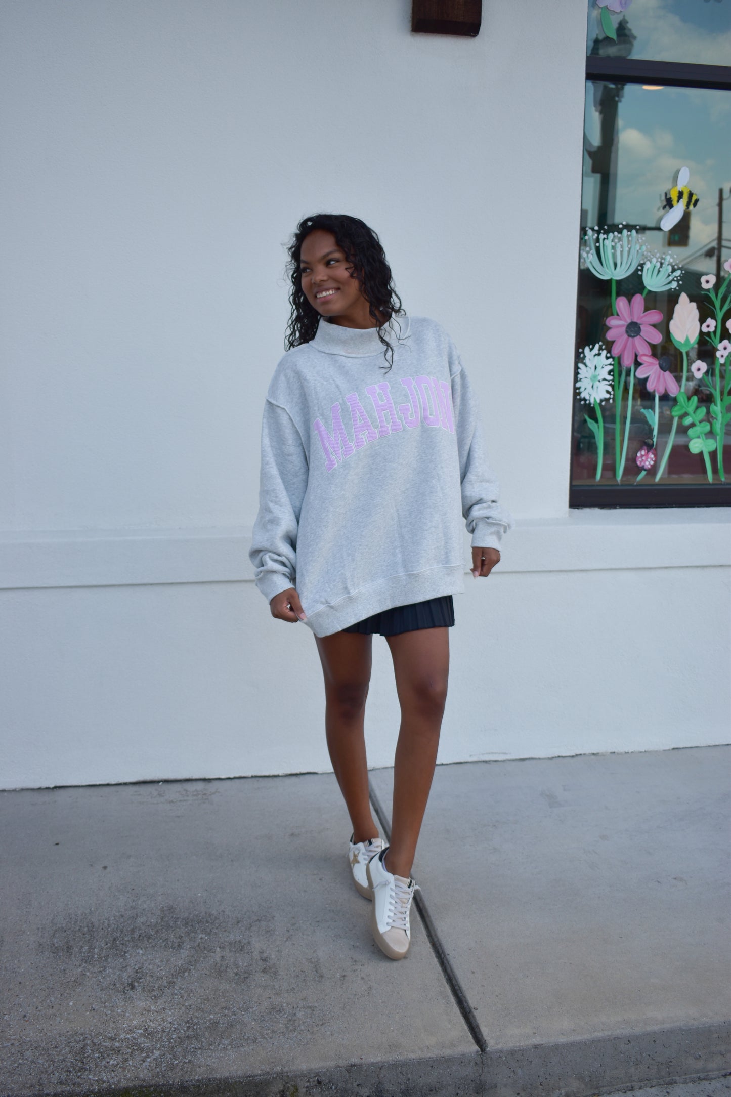 "MAHJONG" Embroidered Stripe Mockneck