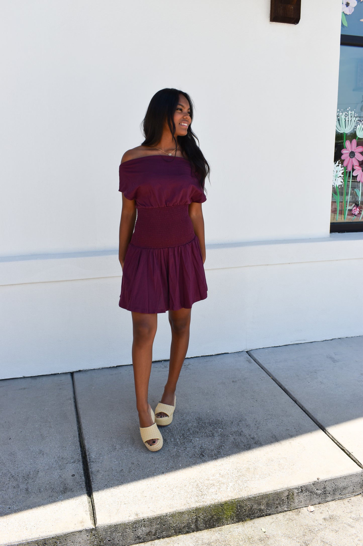 Off Shoulder Smocked Waist Dress: Wine