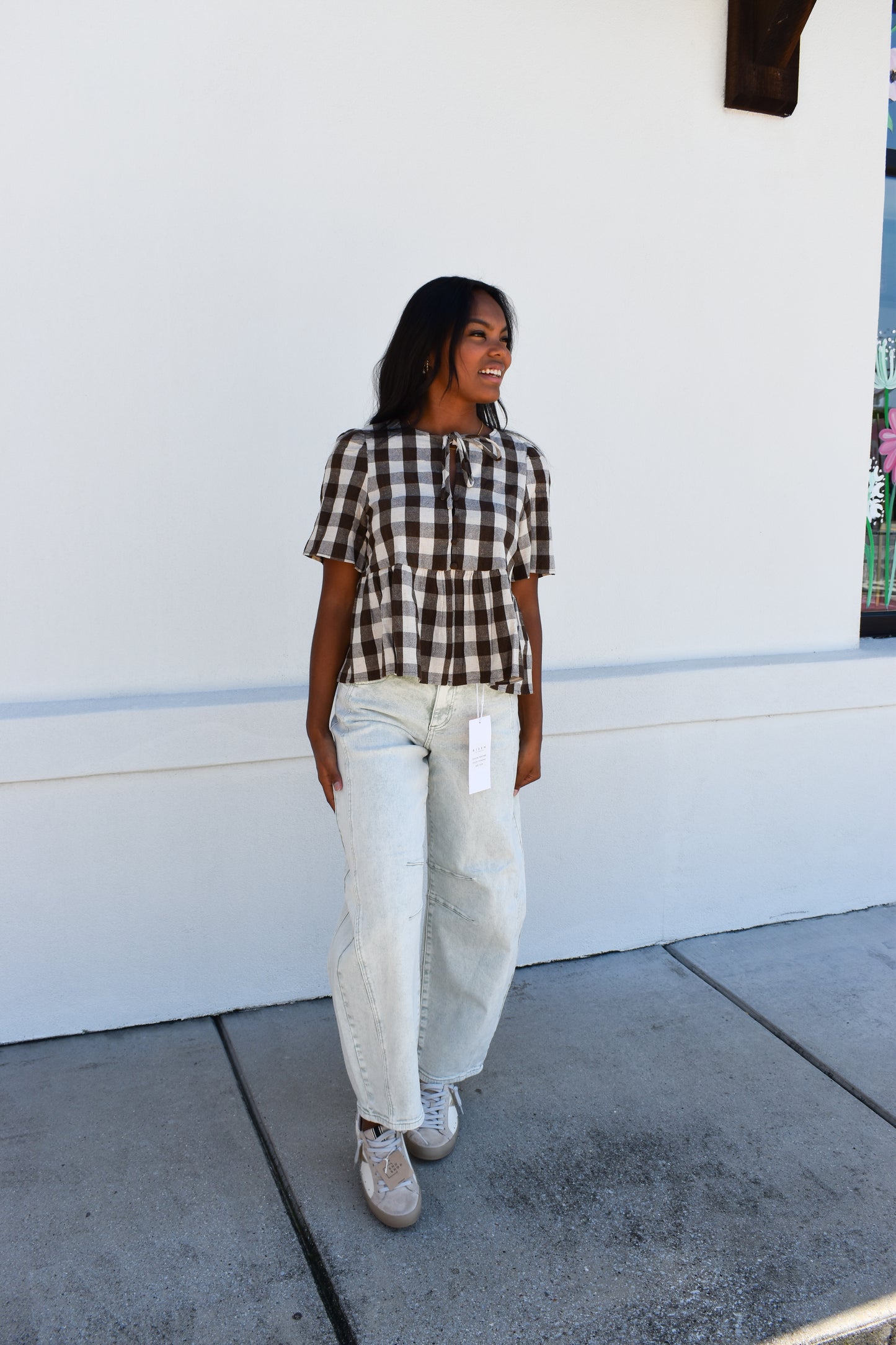 Keyhole Tie-Neck Gingham Peplum Blouse