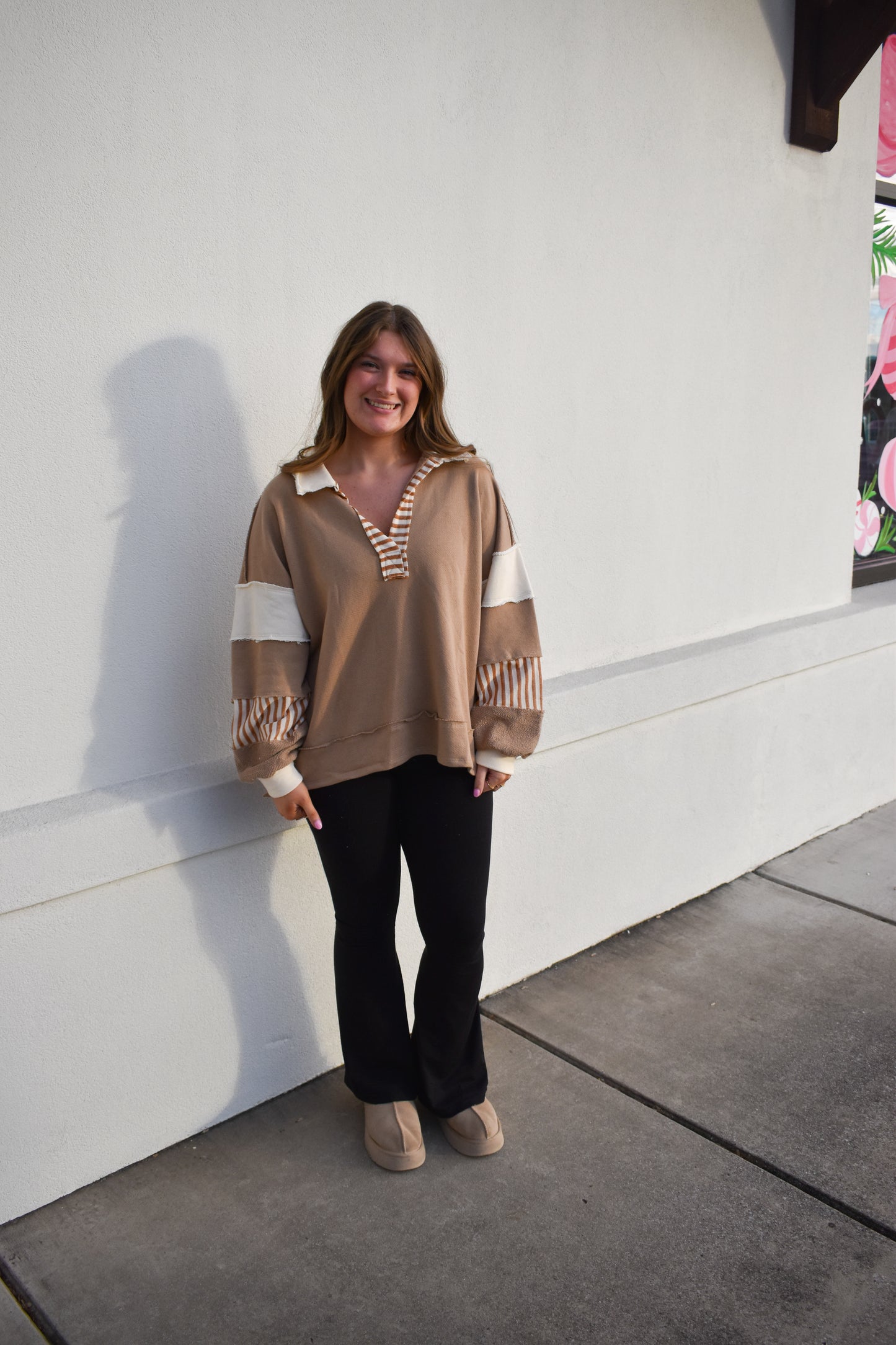 Terry Knit Collared Top: Brown/Cream