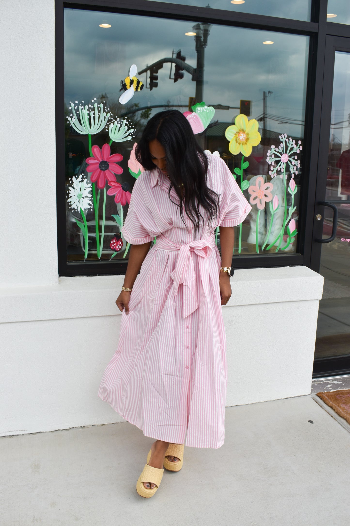 Seer Sucker Striped W/ Bow Tie Maxi Dress