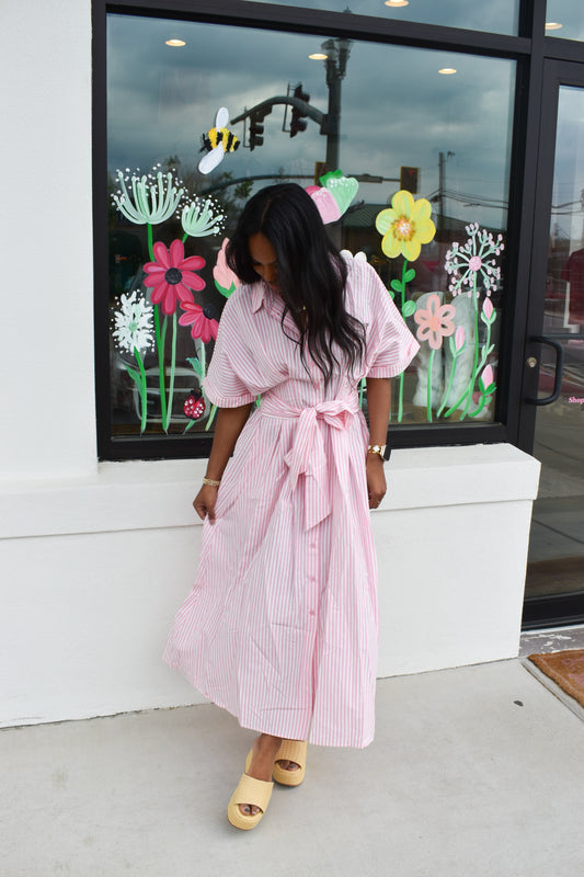 Seer Sucker Striped W/ Bow Tie Maxi Dress