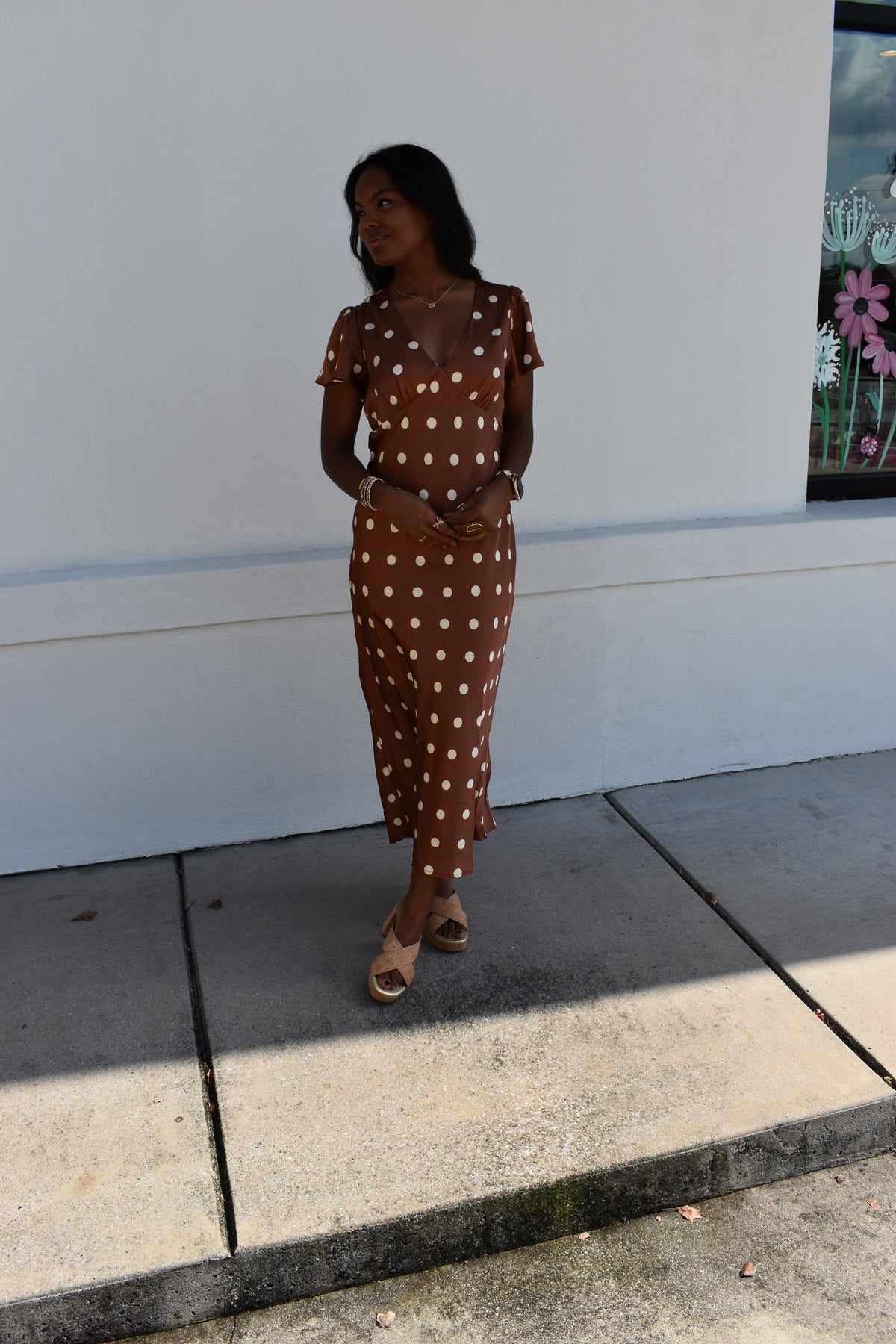 V Neck Satin Polka Dot Maxi