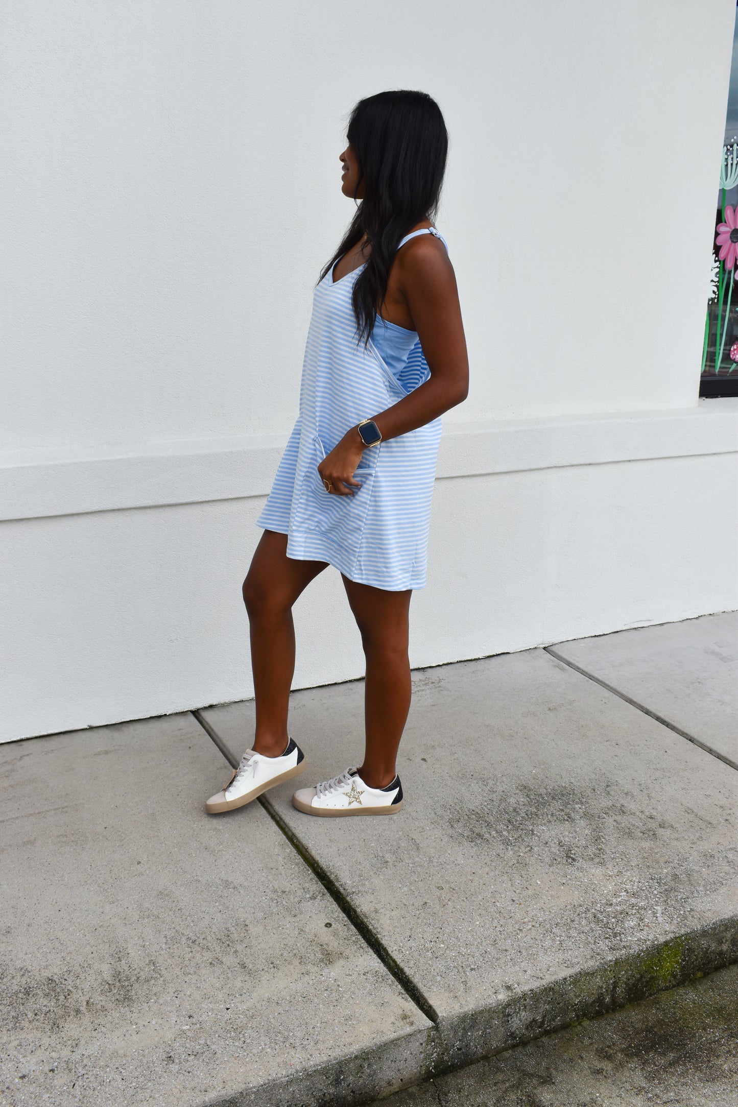 Striped Romper Dress W/ Built In Romper: Blue
