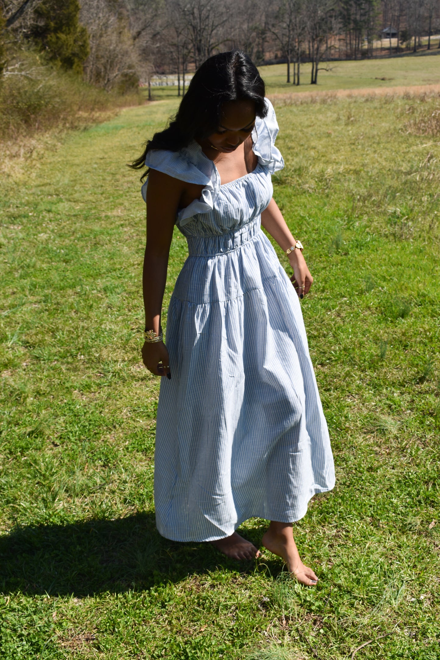 Shoulder Ruffle Stripe Midi Dress