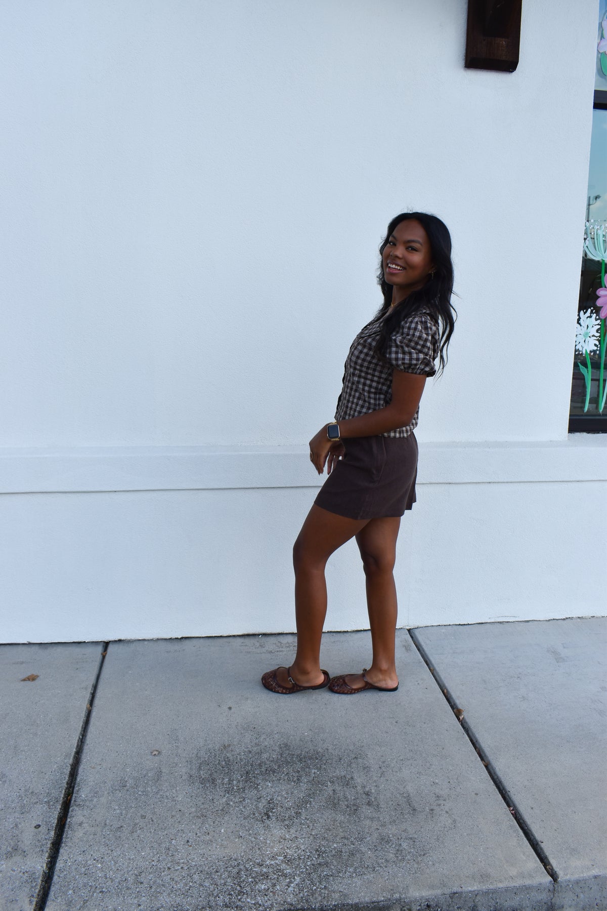 Gingham Plaid Button Top W/ Ruffle Collar