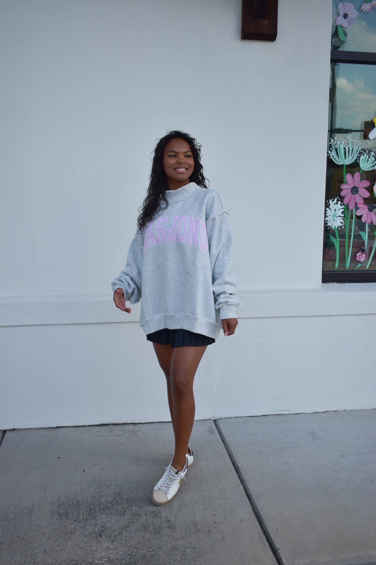 "MAHJONG" Embroidered Stripe Mockneck