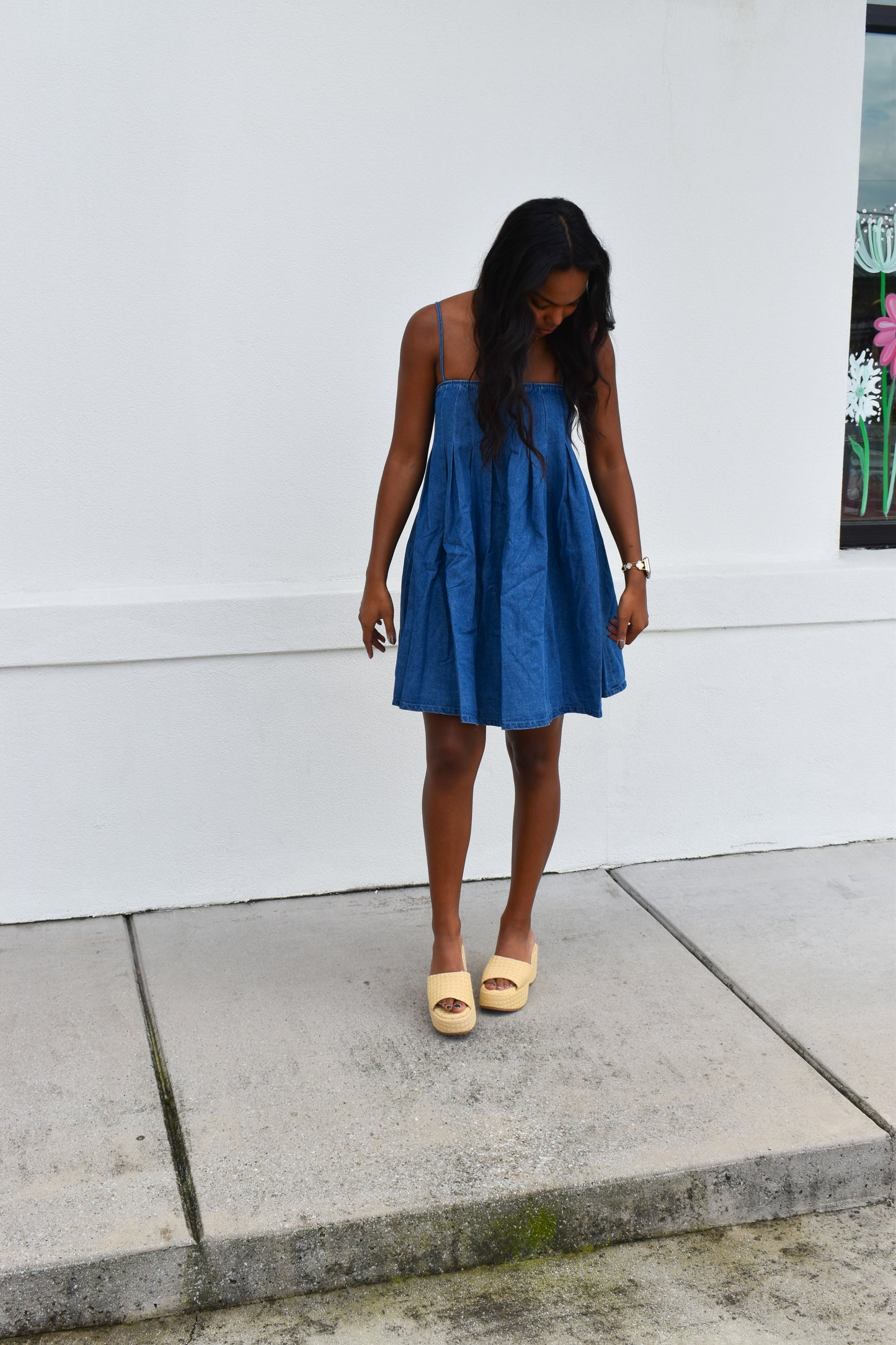Denim Pleated Babydoll Dress
