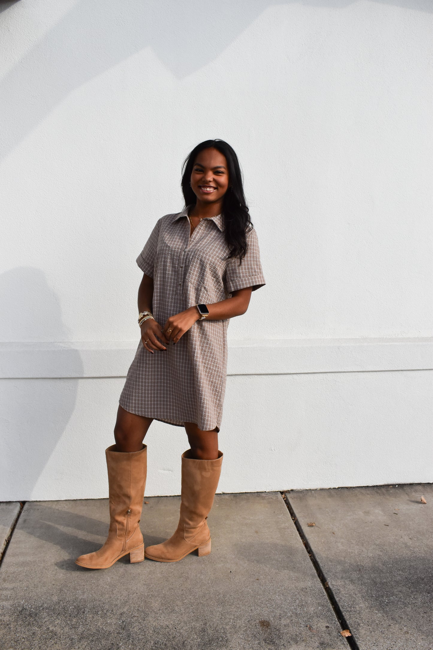 Checkered Shirt Dress W/ Pocket