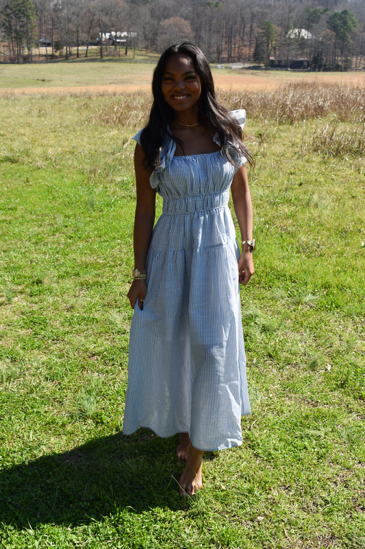 Shoulder Ruffle Stripe Midi Dress