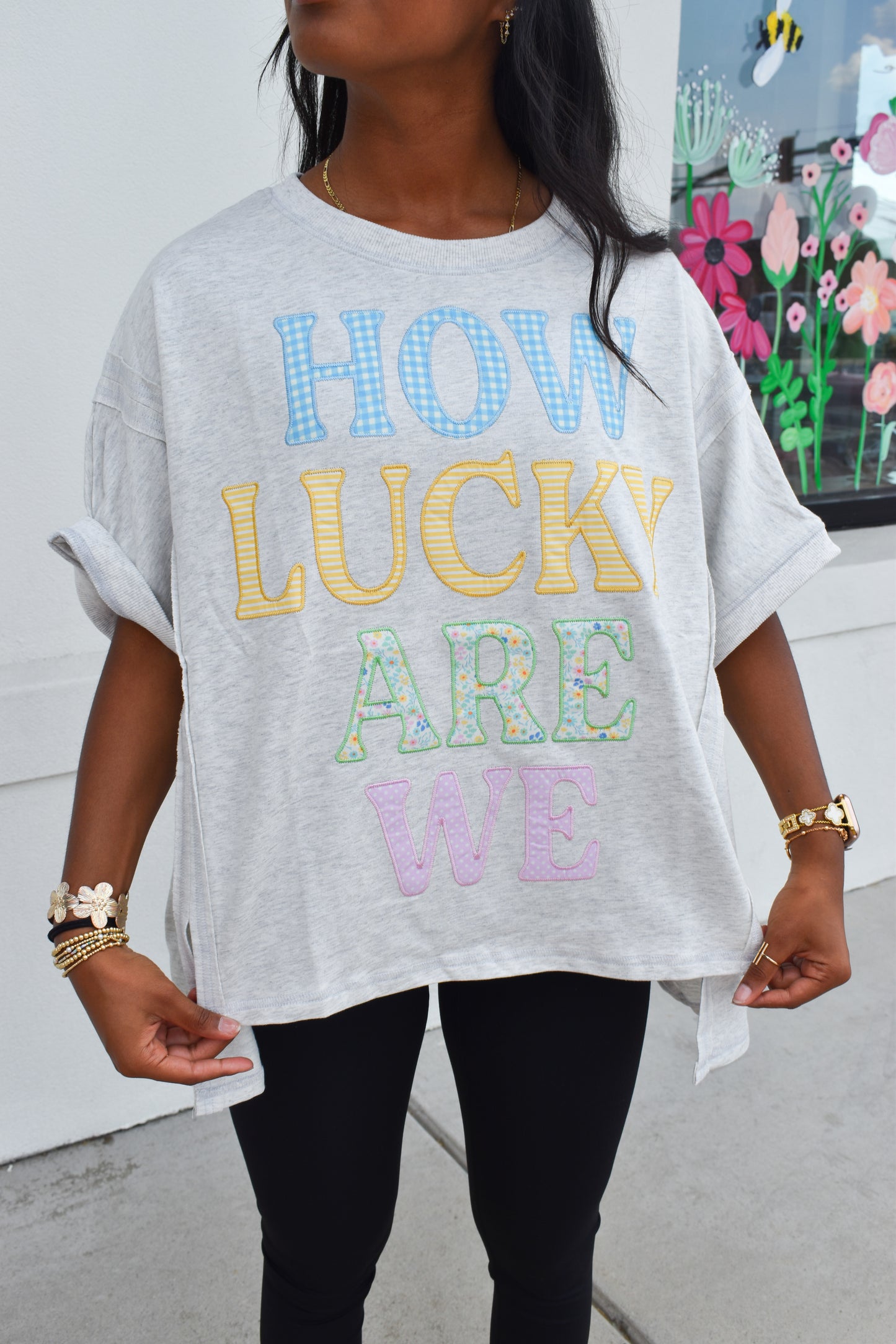 How Lucky Are We Patch Zigzag Dolman Top