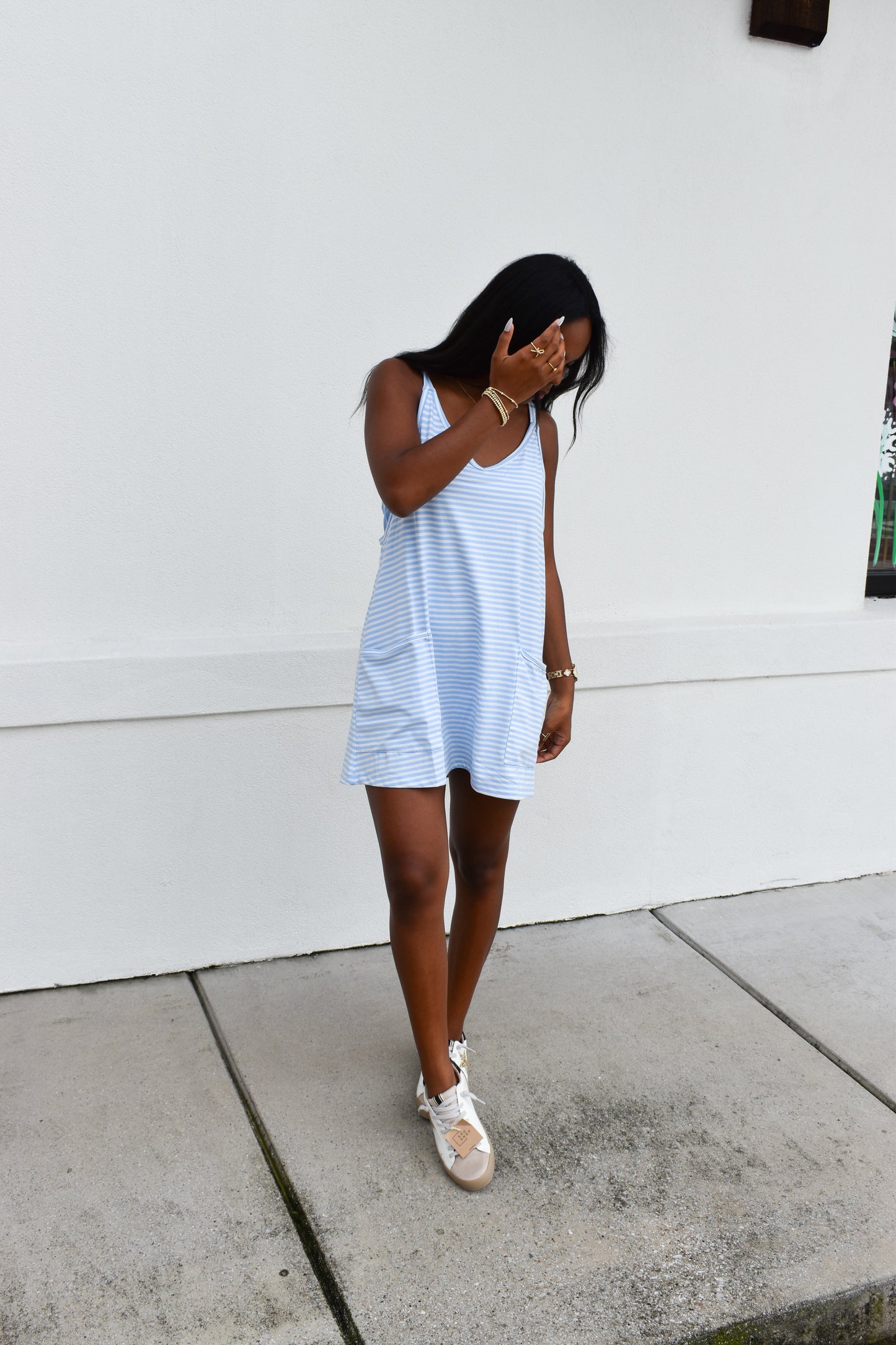 Striped Romper Dress W/ Built In Romper: Blue