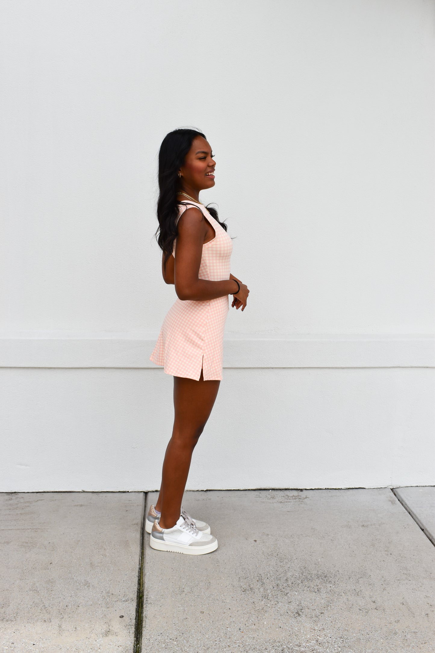 Gingham Athletic Wrap Tie Dress: Peach