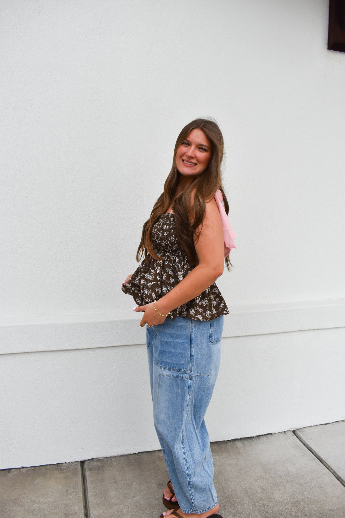 Romantic Floral Top w/ Pink Bow Straps