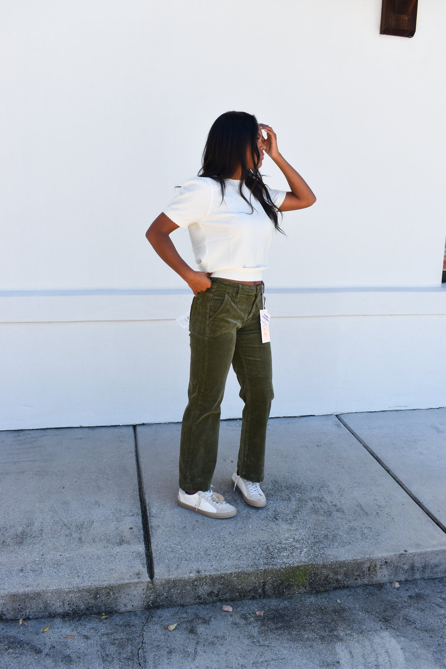 Tummy Control Mid Rise Ankle Straight Corduroy: Green