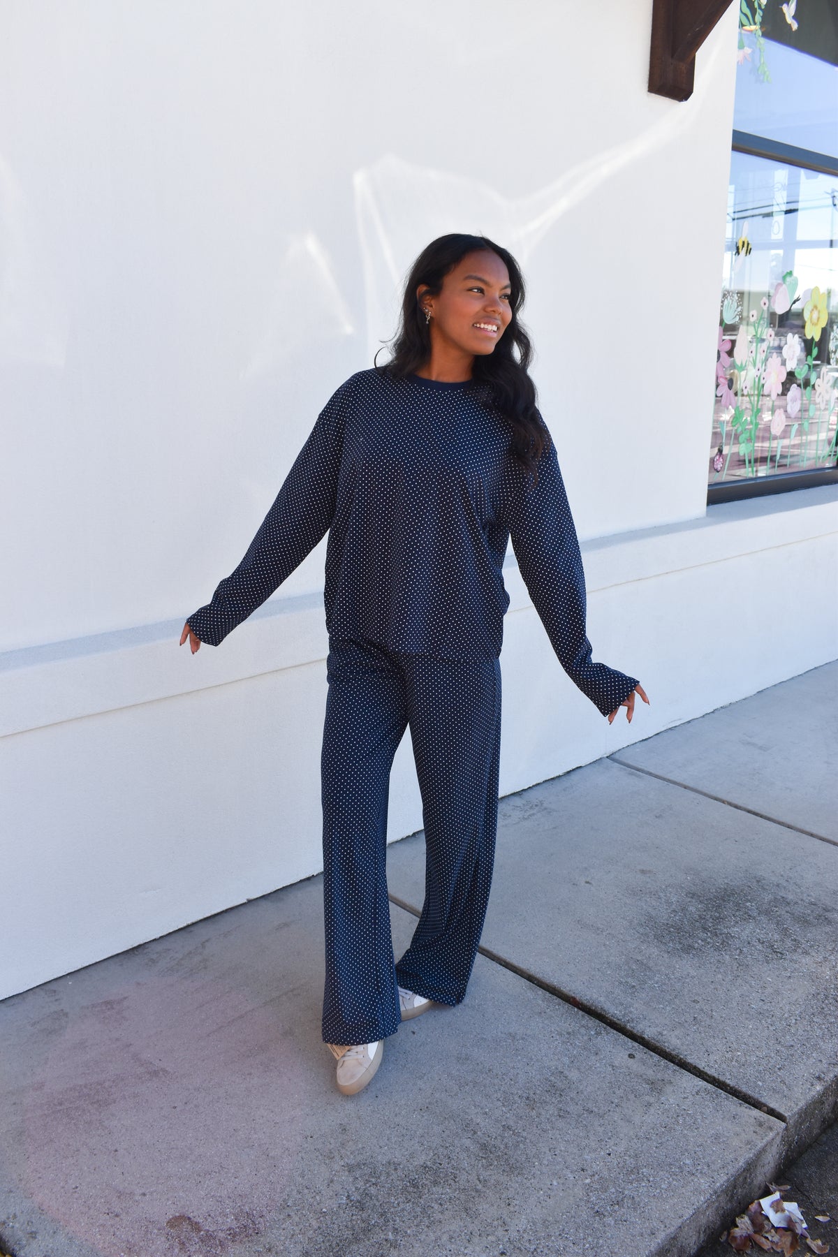 Navy Blue Polka Dot Loungewear Long Sleeve Top