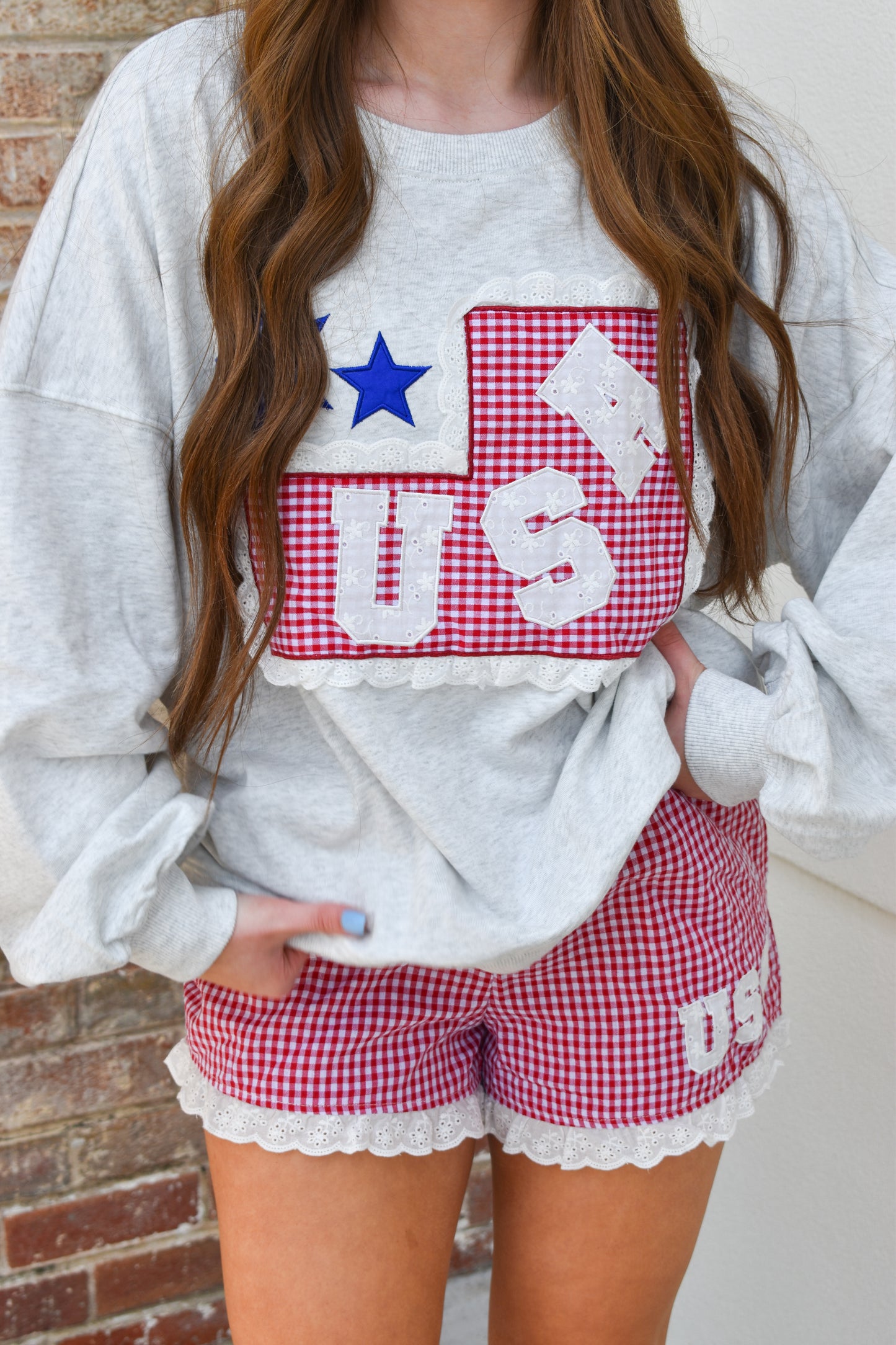 Gingham Check Flag Patch Sweatshirt