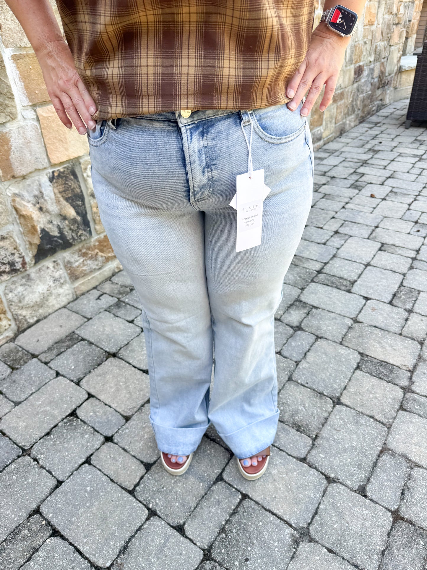 Risen Tummy Control High Rise Ankle Wide Cuffed Jeans: Light