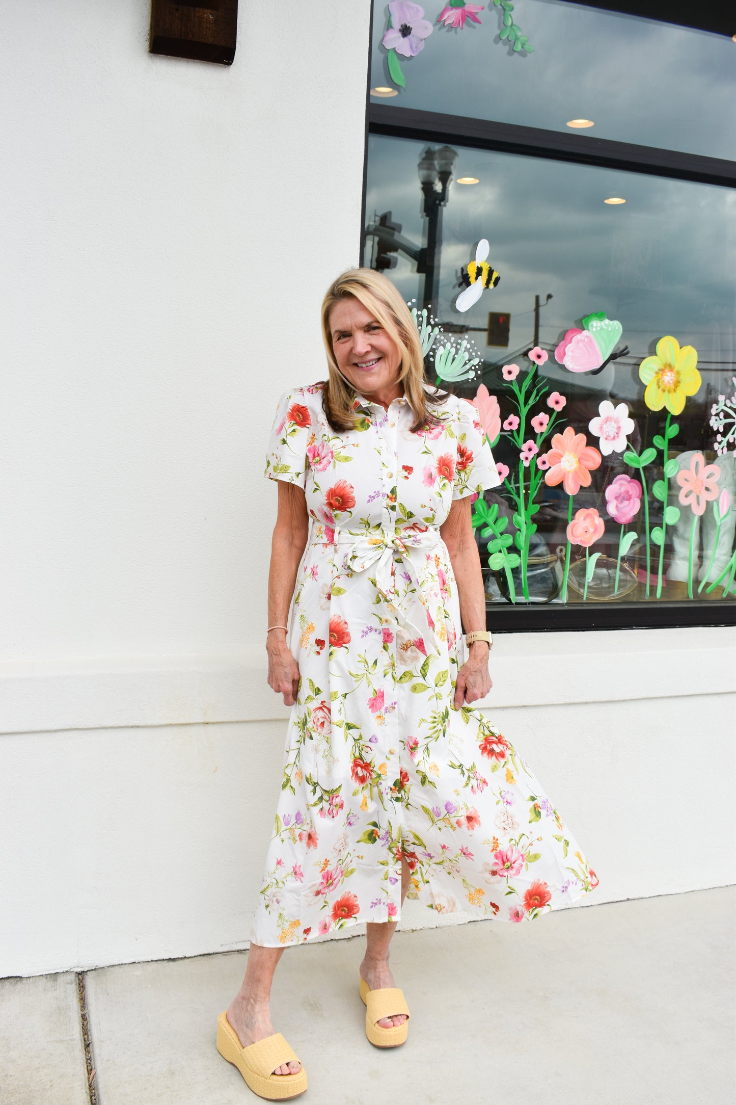 Floral Short Sleeve Belted Midi Dress