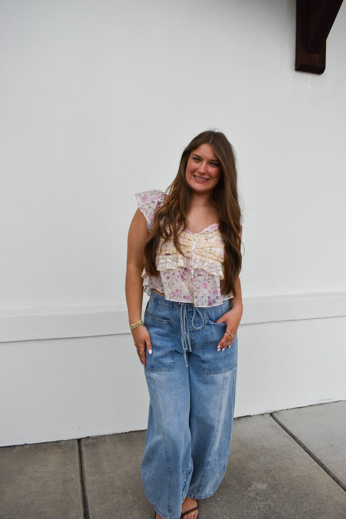 Floral Print Ruffle Lace Sweetheart Top