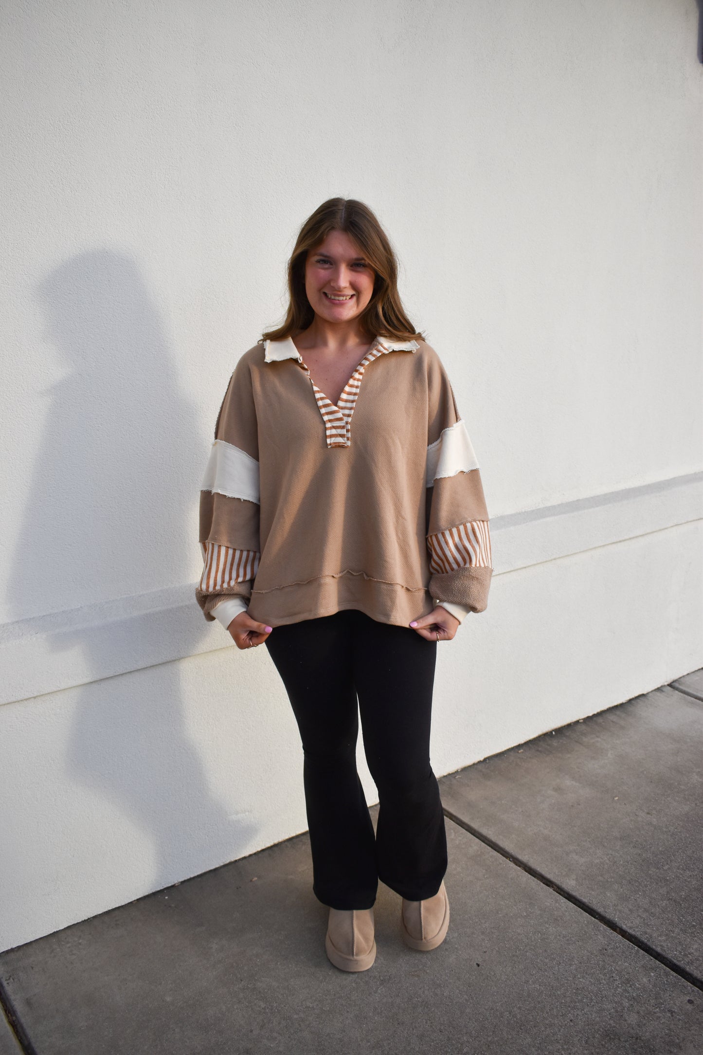 Terry Knit Collared Top: Brown/Cream