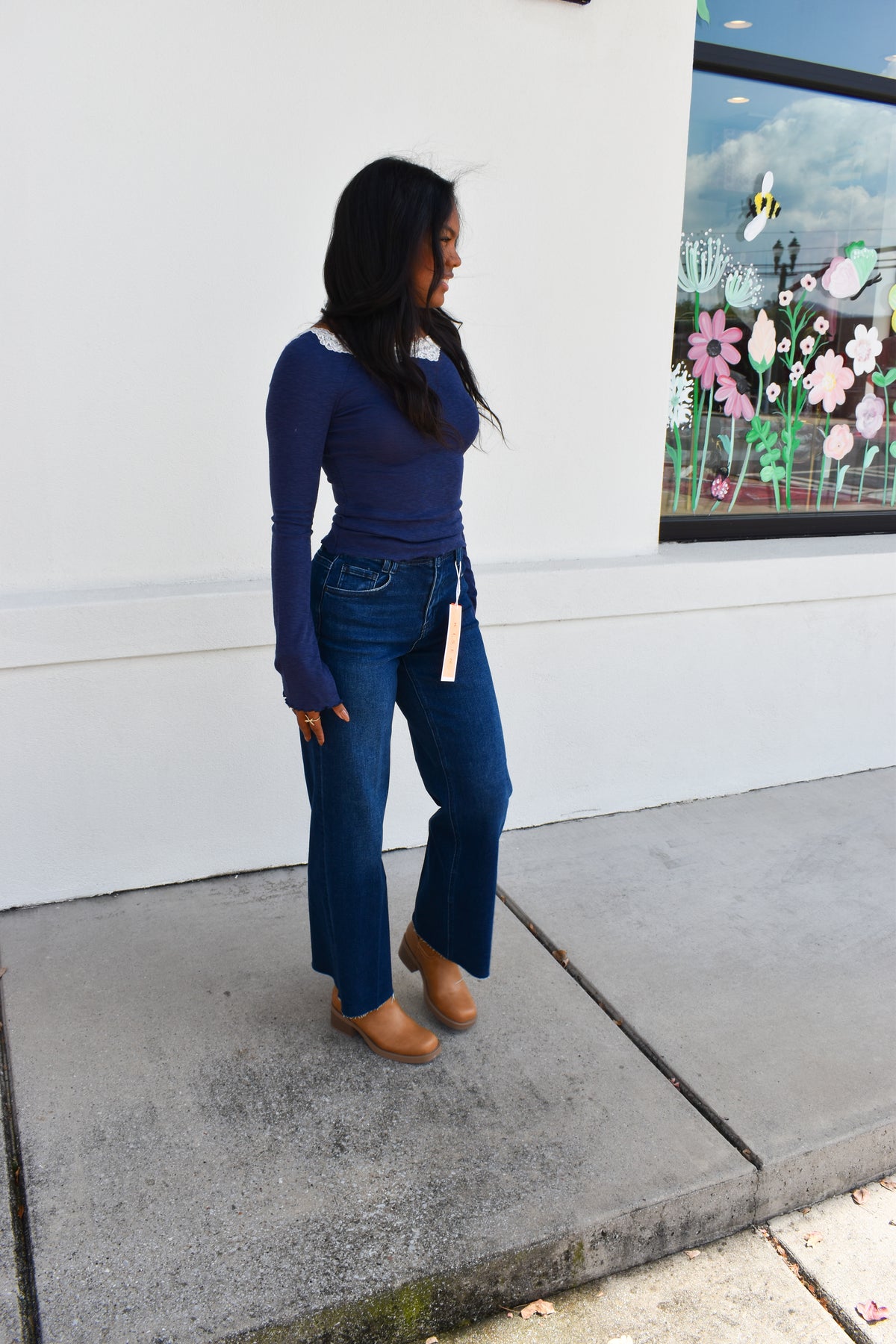 Lace Scoop Neck Blue Top