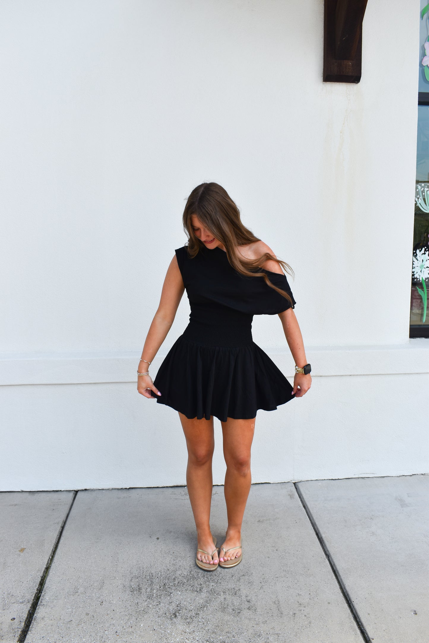 Off Shoulder Smocked Waist Dress: Black