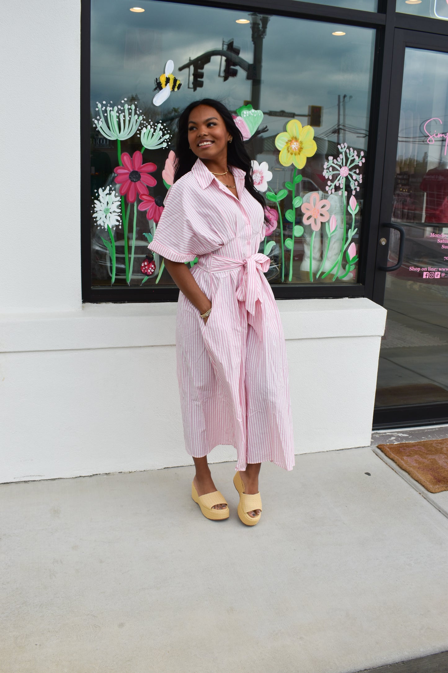 Seer Sucker Striped W/ Bow Tie Maxi Dress