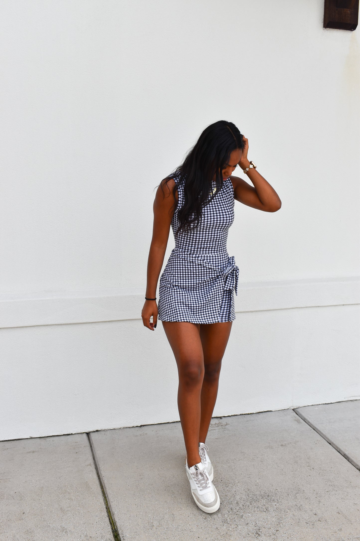 Gingham Athletic Wrap Tie Dress: Black