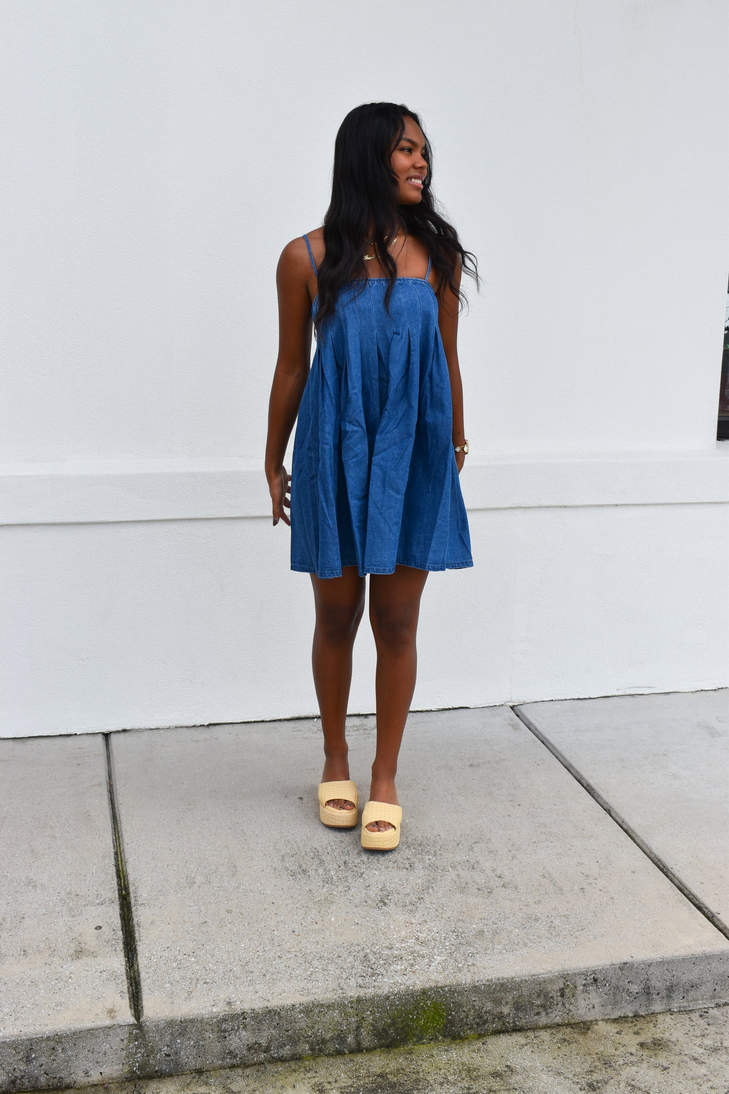 Denim Pleated Babydoll Dress