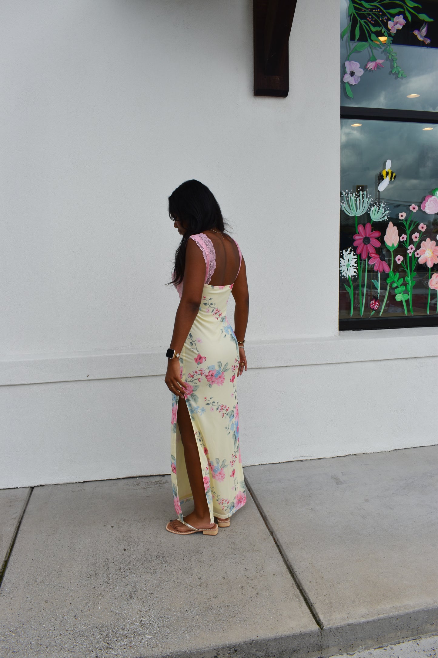 Mesh Floral Print Lace Detail Side Slit Maxi Dress