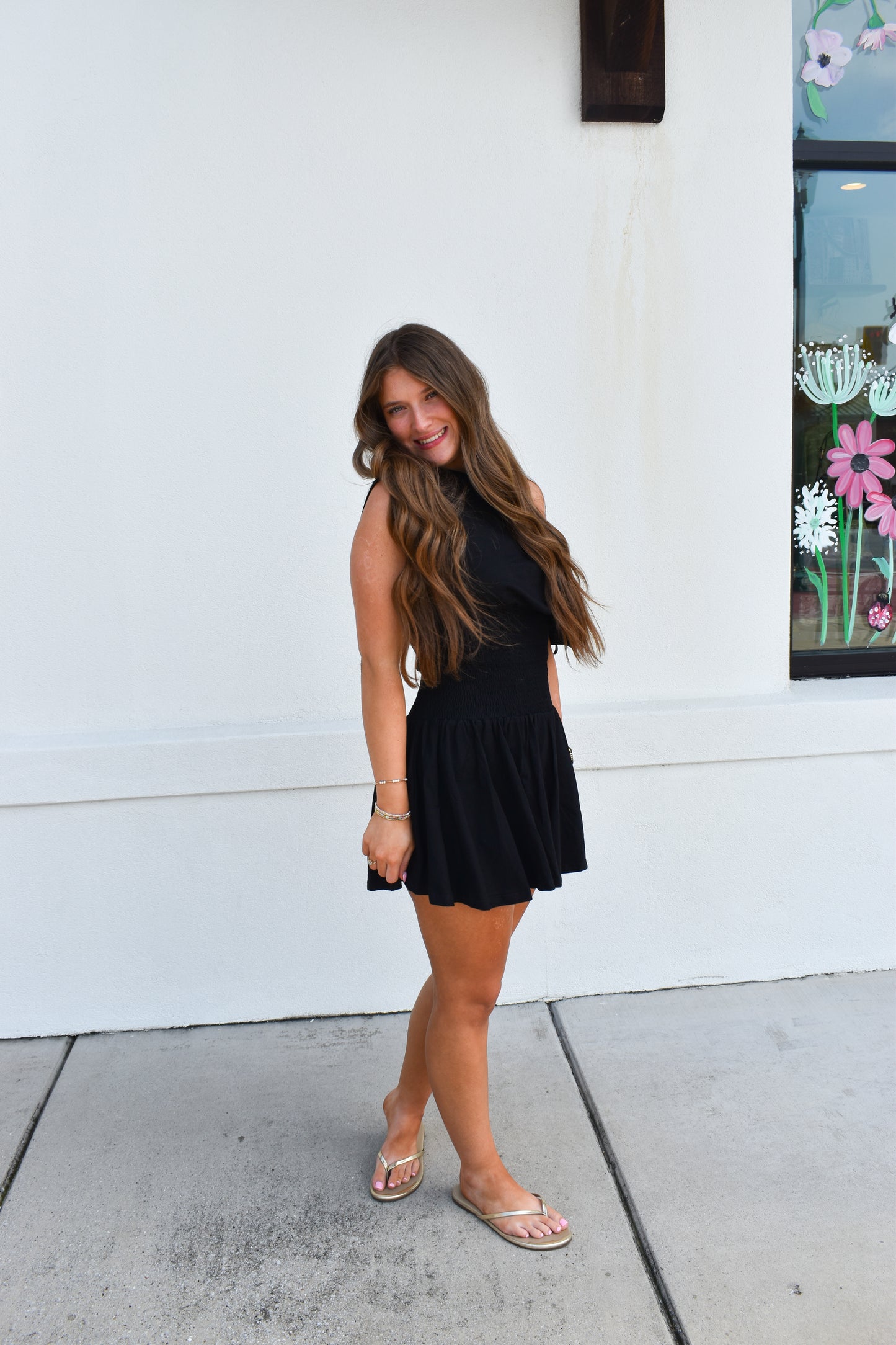 Off Shoulder Smocked Waist Dress: Black