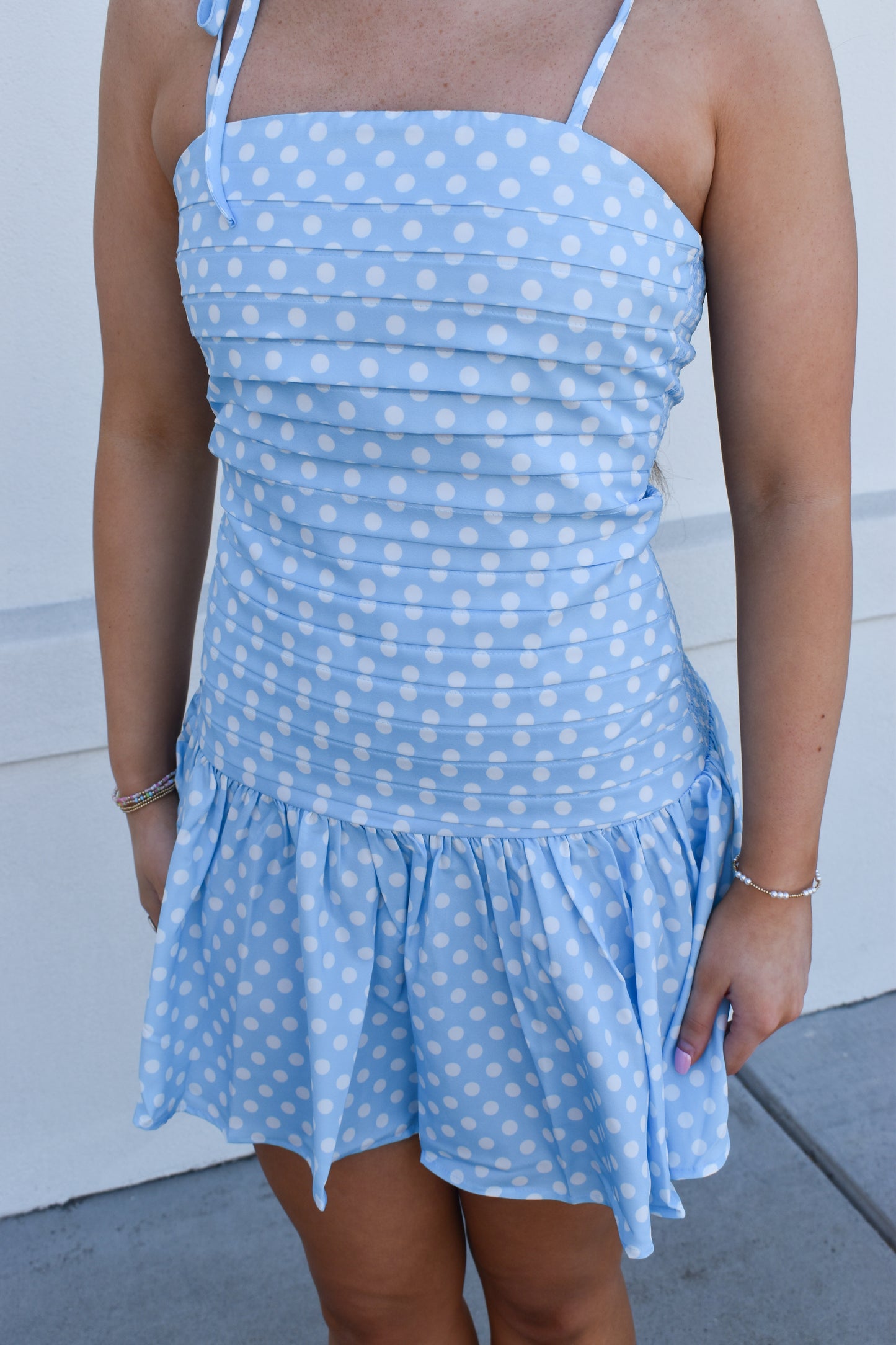 Blue Polka Dot Pleated Mini Dress