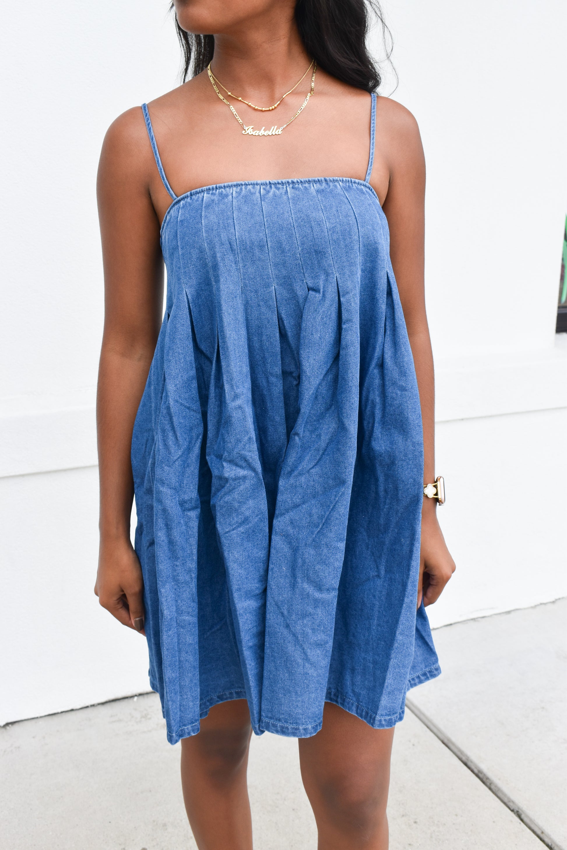 Denim Pleated Babydoll Dress – Simply Grace Boutique