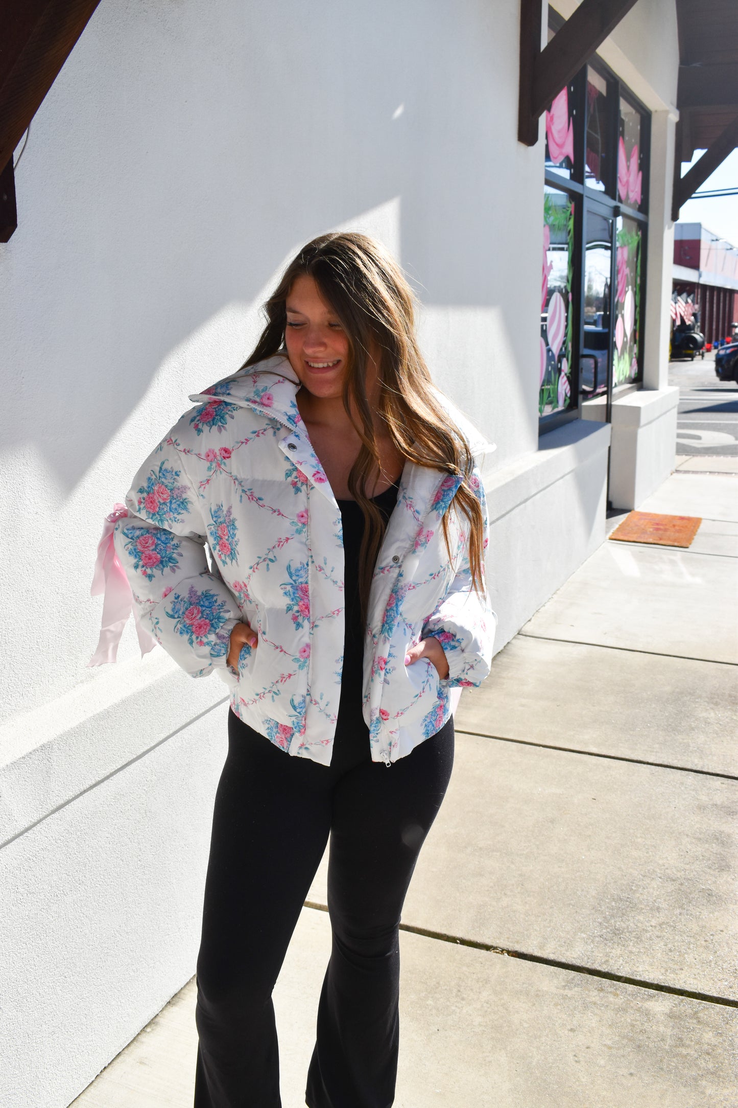 Floral Print Bow Knot Puffer Jacket