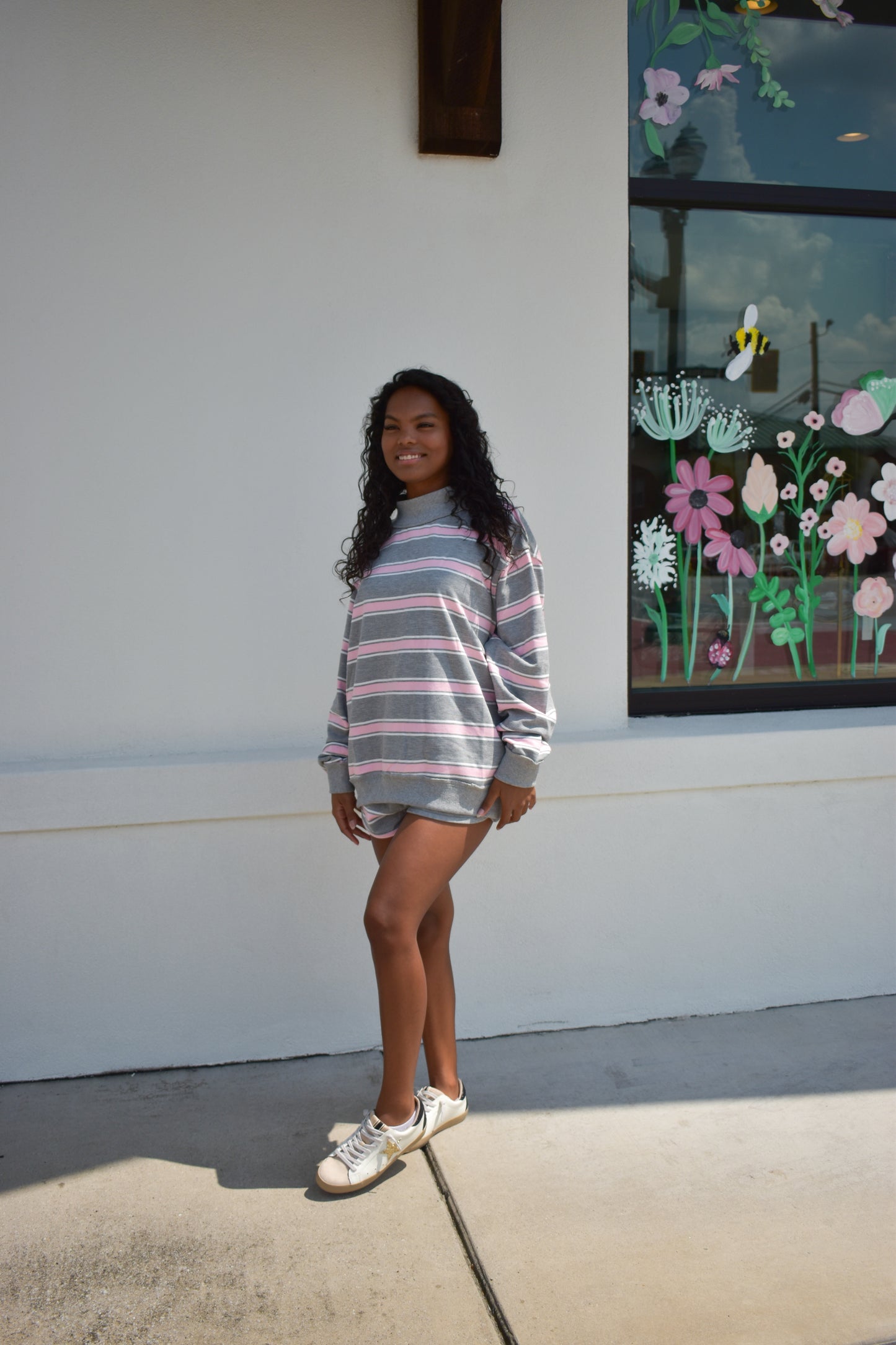 Stripe Print Mock Neck Oversized Sweatshirt