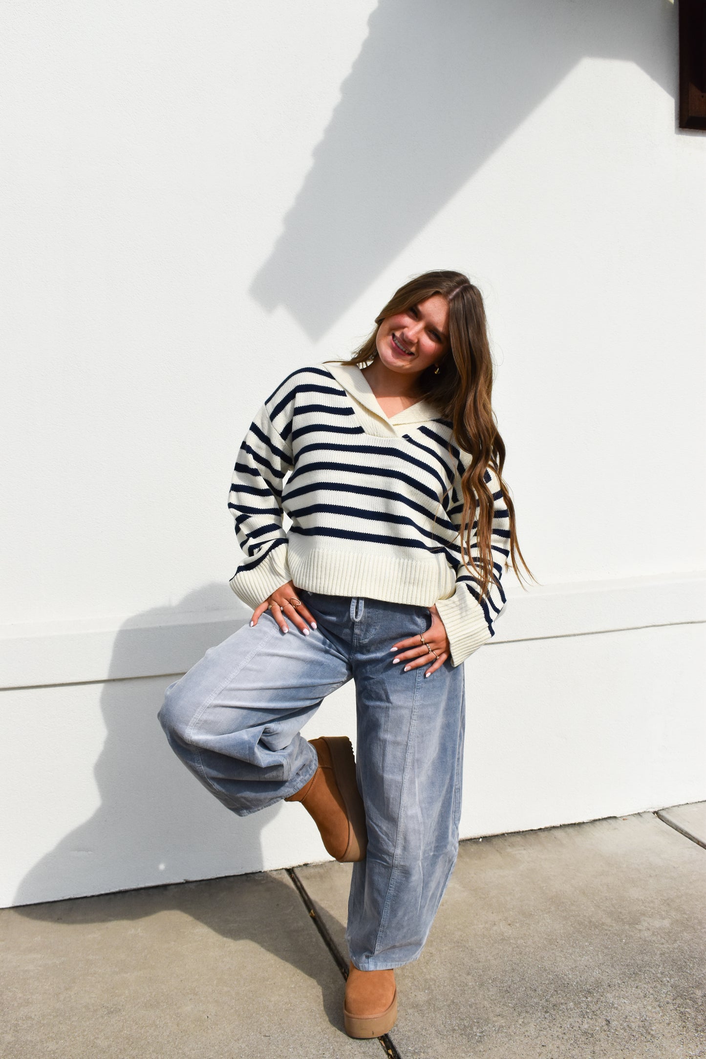 Cream/Navy Striped Collared Knit Sweater
