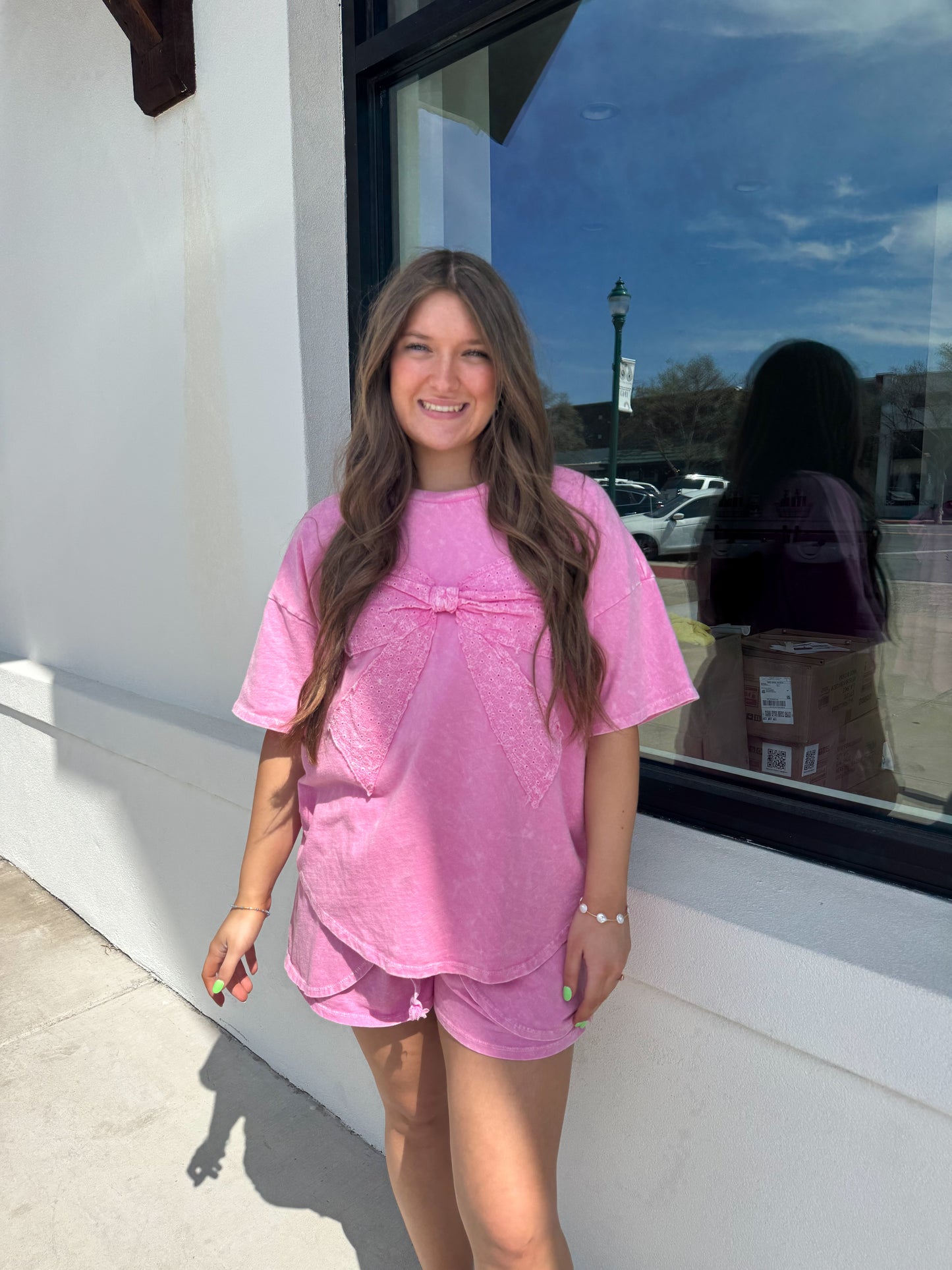 Mineral Wash Ribbon Bow Half Sleeve Shirt